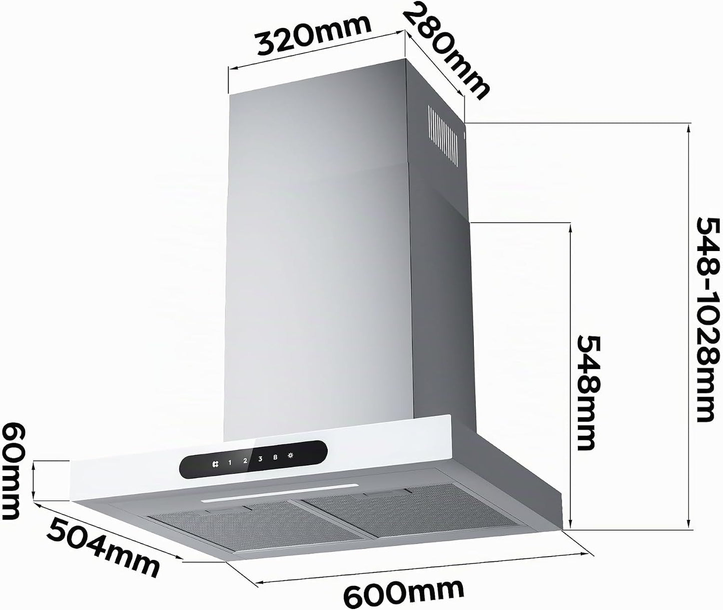 Hotte Décorative Class A+++ 60Cm 650M³/H Tactile Et Wifi Connectée 4 Vitesses&Fonction Boost Avec Filtre Charbon Affichage Numérique Recyclage Ou Evacuation Blanche CBCW6102