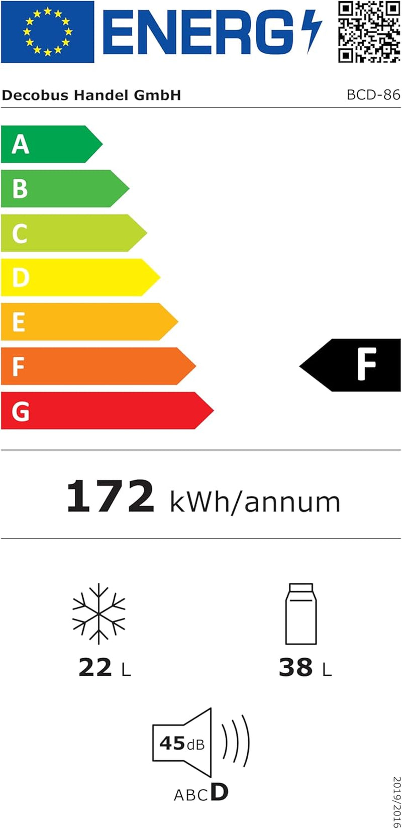 Réfrigérateur Congélateur De 60 Litres - Double Porte - Capacité De Congélation : 22 Litres - Volume De Refroidissement : 38 Litres - 172 Kwh/An - Lumière LED De Qualité Supérieure - Noir