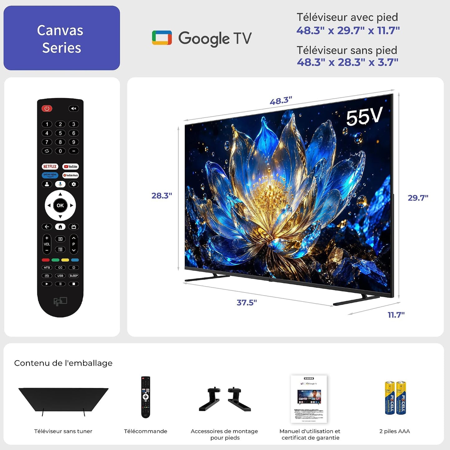 TV 55 Pouces 4K UHD Smart TV, Google TV Avec Cast Intégré, Dolby Vision Et Atmos, HDR 10, MEMC Pour Des Images plus Fluides