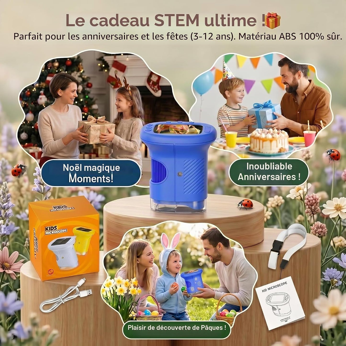 Microscope Enfant, Microscope Numérique Portable 1000X 4K Avec Écran IPS 2,4", 8 LED, USB Rechargeable, Jouet Éducatif Scientifique STEM, Cadeau Anniversaire Fille Garçon 3-12 Ans, Bleu