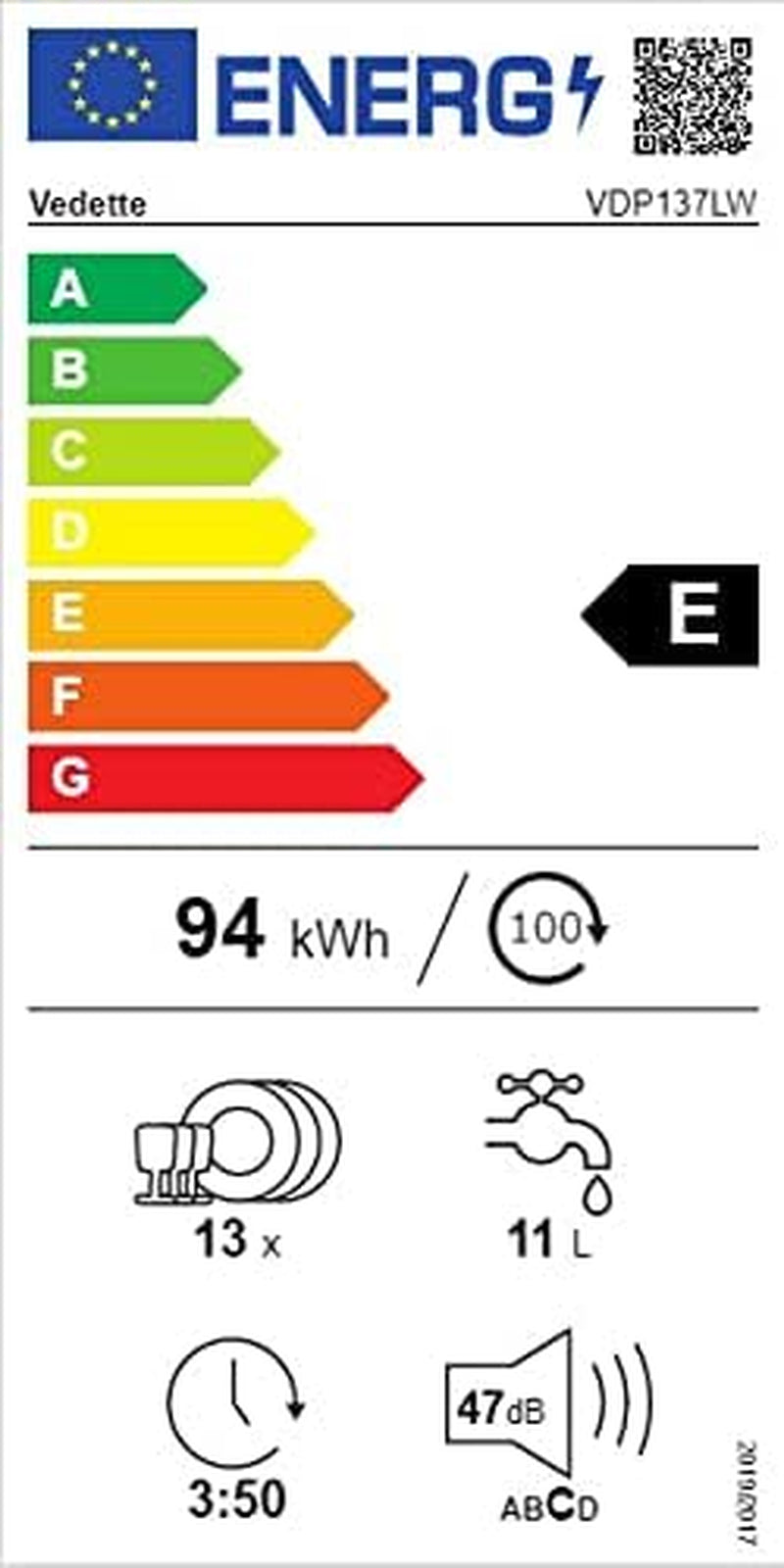 Lave-Vaisselle 60Cm 13 Couverts 47Db - VDP137LW