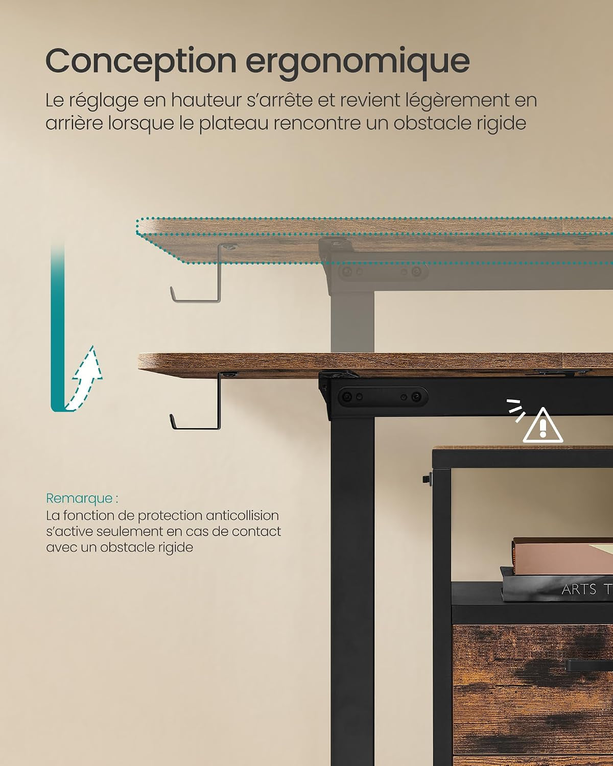 Bureau Électrique Réglable En Hauteur, 160 X 70 Cm, Table Assis-Debout, Fonction Mémoire 4 Hauteurs, Pour Bureau, Télétravail, Marron Rustique Et Noir D'Encre LSD136K01