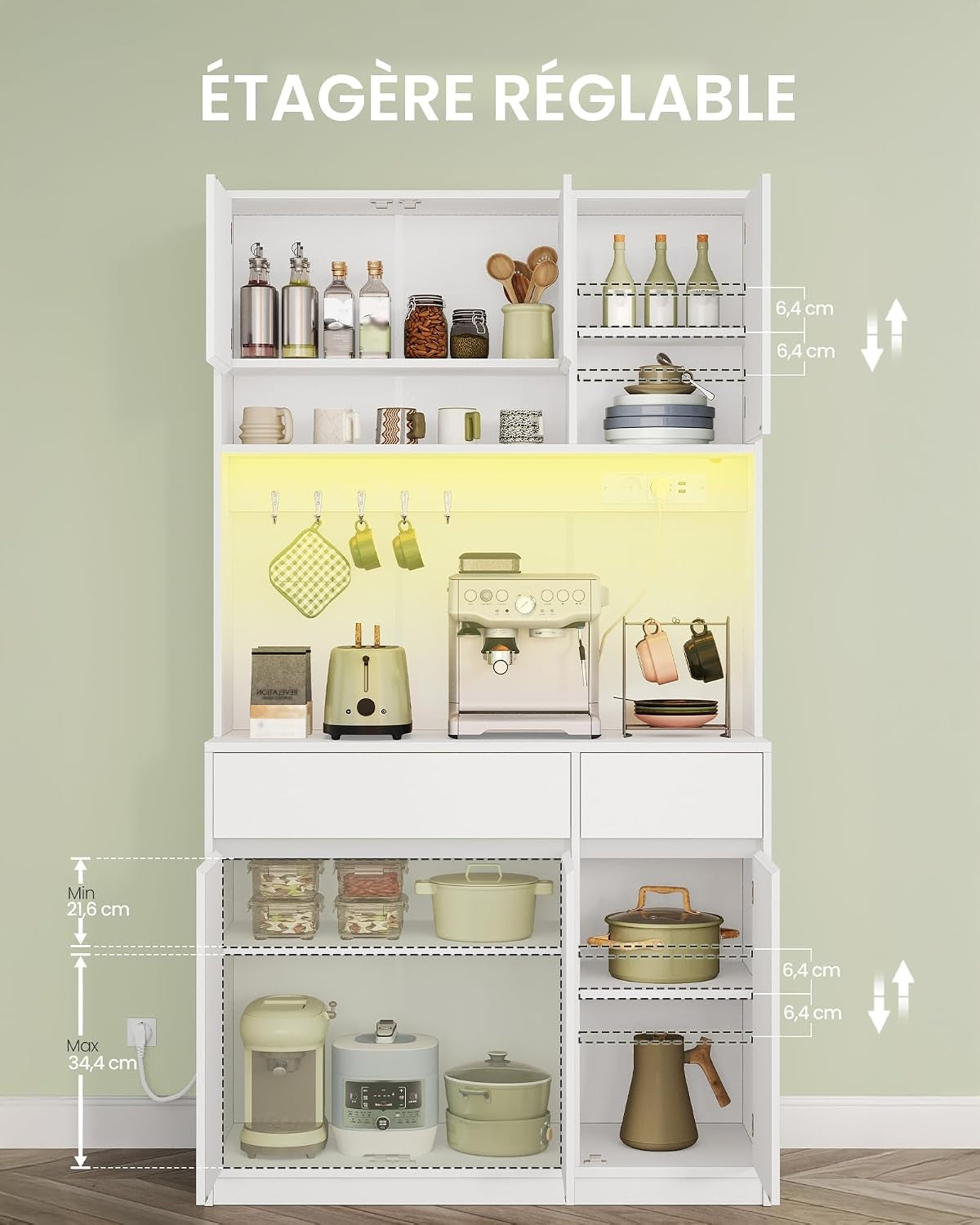Meuble Cuisine, Buffet Avec Prises Électriques | Meuble De Rangement Cuisine Avec Plans De Travail Et 2 Tiroirs, Cuisine, Salon, 40 X 100 X 180 Cm , Blanc, PT00203XEU
