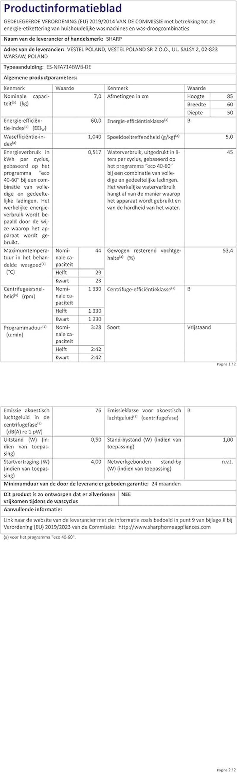 ES-NFA714BWB-DE Machine À Laver À Chargement Frontal/B / 7 Kg / 1400 Tr/Min/Advanced Inverter Motor/Allergy Smart / 15 Programmes Avec Programme Court Aquastop/Blanc