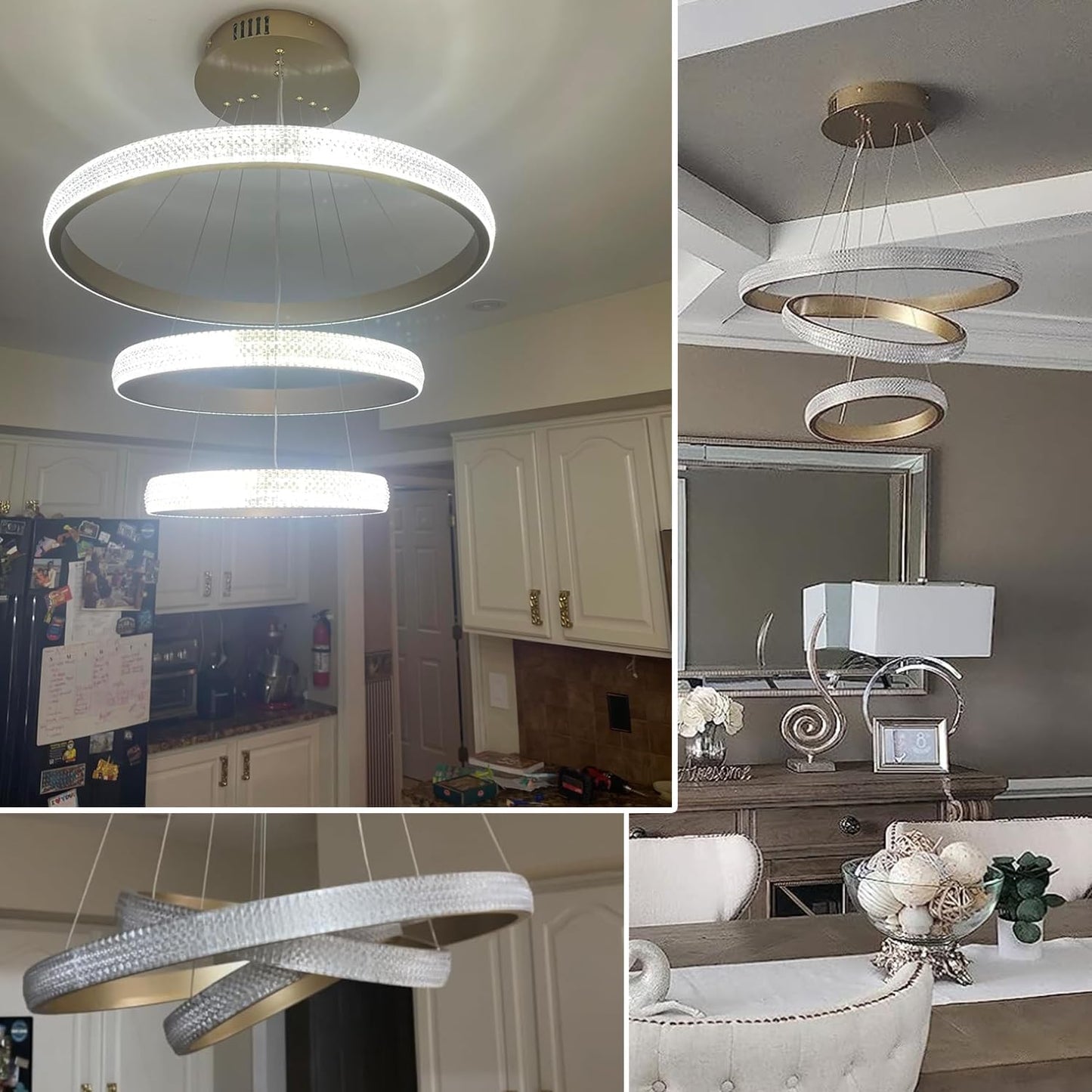 Lustre Moderne En Cristal Pour Salle À Manger, Appareil D'Éclairage Doré, 3 Anneaux, Lustre LED Pour Éclairage D'Îlot De Cuisine, Intensité Variable Avec Télécommande, Suspension De Plafond Moderne En