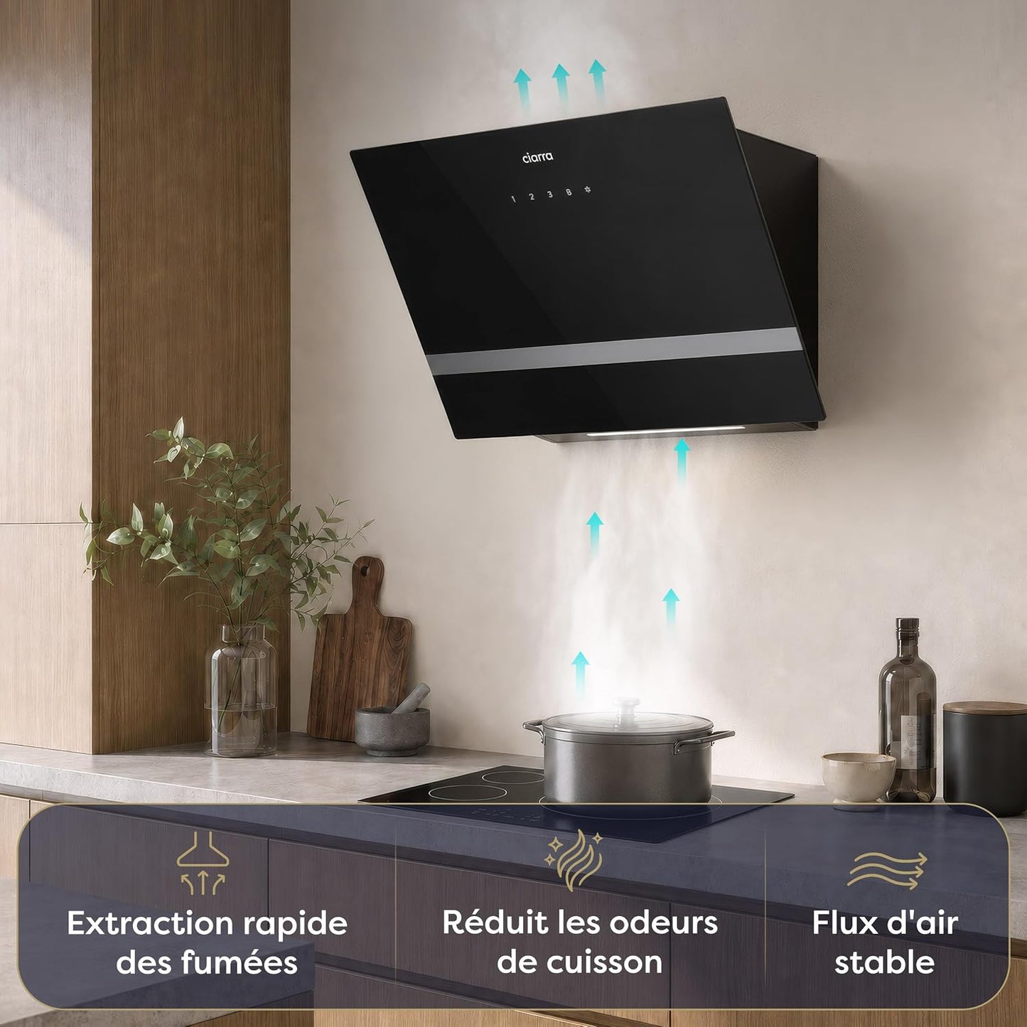 CBCB6736H Hotte Aspirante 60 Cm Classe A+++ - Hotte Inclinée 685M³/H | Filtre À Charbon CBCF003 Inclus - Recyclage & Évacuation - Wifi &Commande Tactile- 4 Vitesses Avec Boost - LED Dimmable -Noir