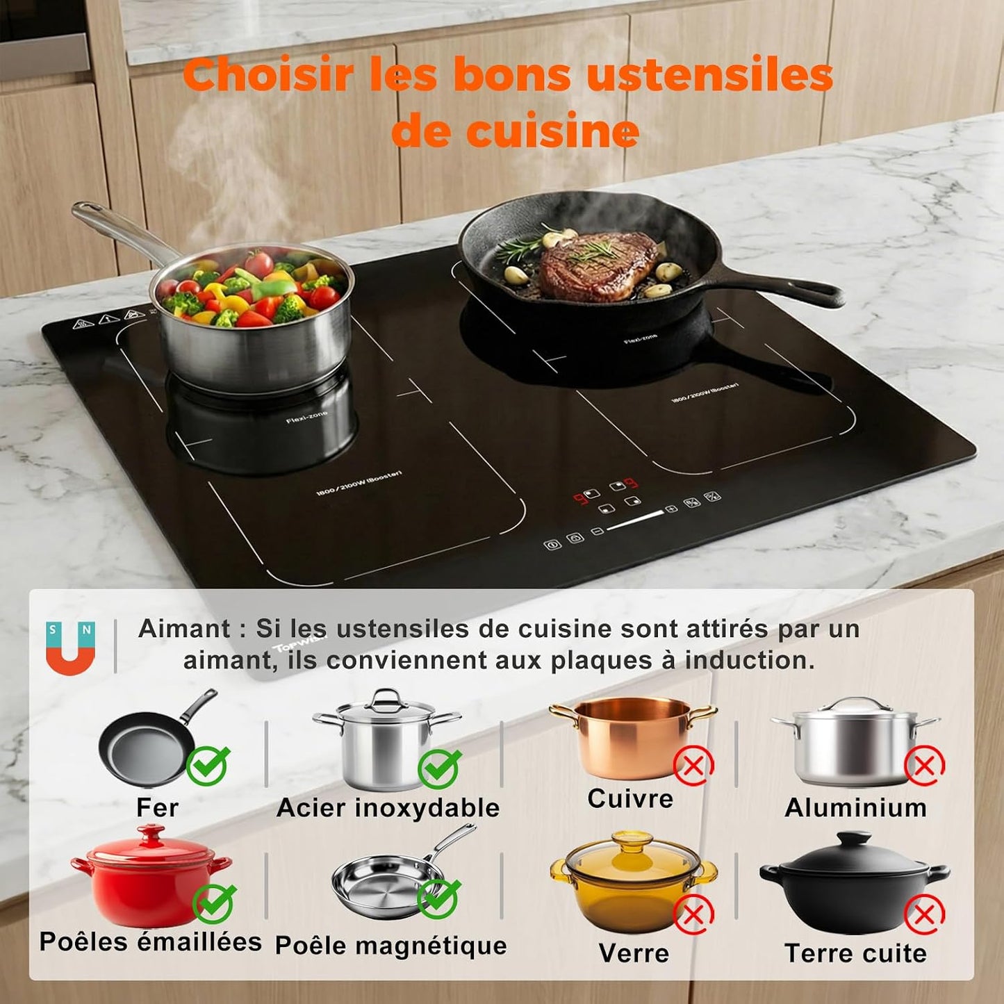 Plaque Induction 4 Feux, Avec Deux Zones Flexibles, 7200W | Plaque De Cuisson Induction 4 Zones, Avec Booster, 9 Niveaux, Sécurité Enfant,Arrêt Automatique, Maintien Au Chaud, BBQ, 60Cm