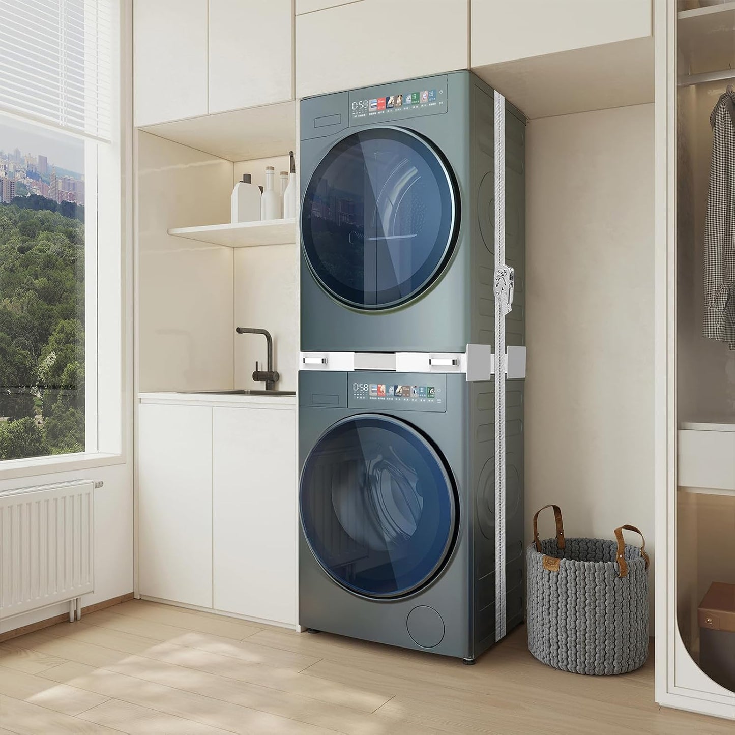 Kit De Superposition Universel, Avec 4 Tiges Télescopiques | Universel Cadre Intermédiaire Pour Lave-Linge Et Sèche-Linge Avec Corde À Cliquet, Taille Réglable(46-66Cm)