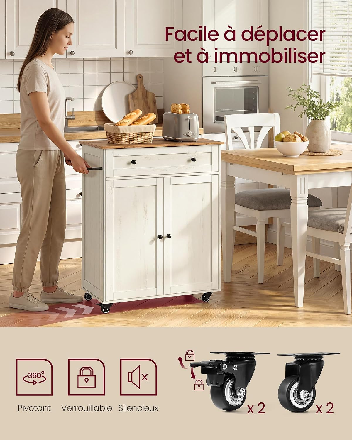 Siren Collection - Desserte Cuisine, Chariot À Roulettes, Tiroir, Placard, Îlot De Cuisine, Étagère Réglable, 40 X 78,5 X 89,2 Cm, Blanc Rustique Et Marron Miel KKI009WJ01
