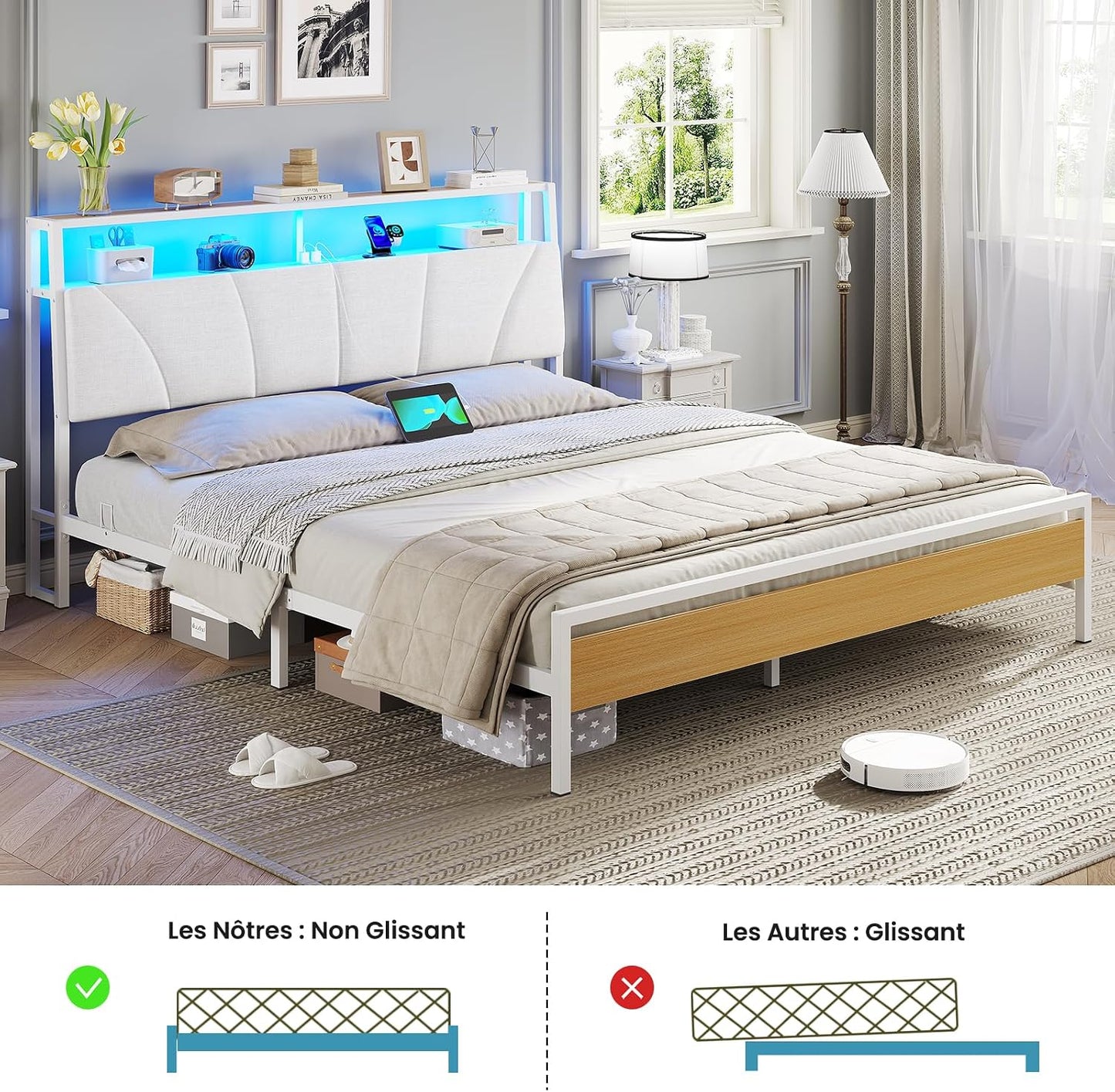 Lit 180X200 Avec Sommier Métal, Cadre De Lit 180X200 Cm Avec Lumières LED Et Multiprise (2 Prises AC, 2 Ports USB) Lit 2 Personnes Avec Tête De Lit Rembourrée Et Rangement, Moderne, Blanc