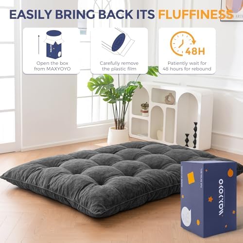 MAXYOYO Japanese Floor Mattress Full Size, 6" Foldable Futon Mattress Tufted Roll Up Floor Bed, Thick Chenille Tatami Mat Sleeping Pad for Camping Guest Room Dormitory Bedroom RV, Navy