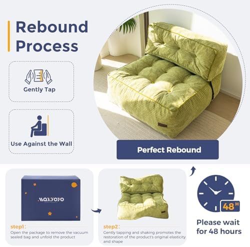MAXYOYO Adjustable Floor Sofa Couch with Pillow, Multi-Functional Bean Bag Bed, 5-Position Foldable Lazy Sofa Sleeper Bed with Armrest, Versatile Floor Seating for Reading Gaming, Green, Single