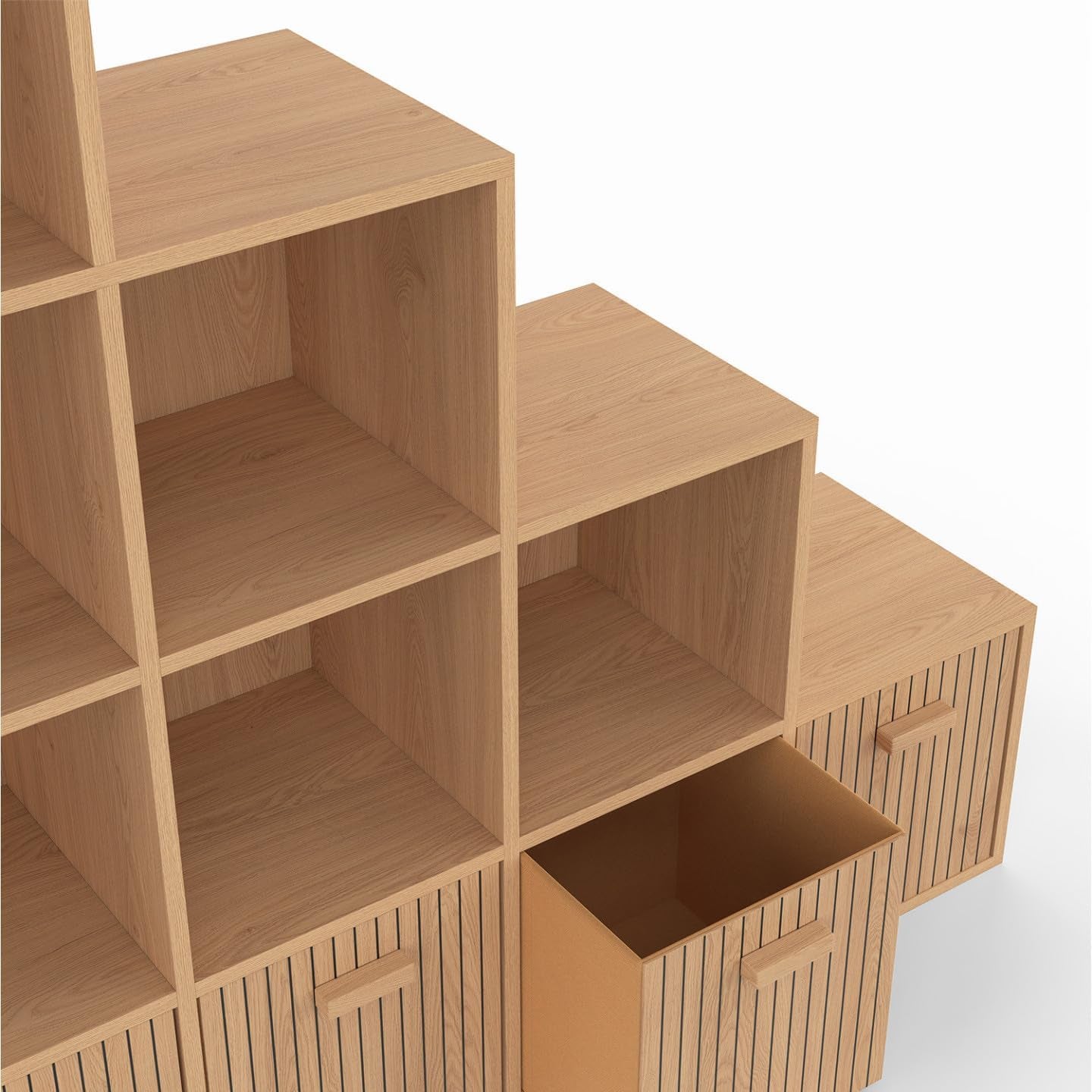 - Meuble De Rangement En Escalier LORYS Effet Lattes Juliette | 4 Niveaux Avec 4 Tiroirs En Tissu