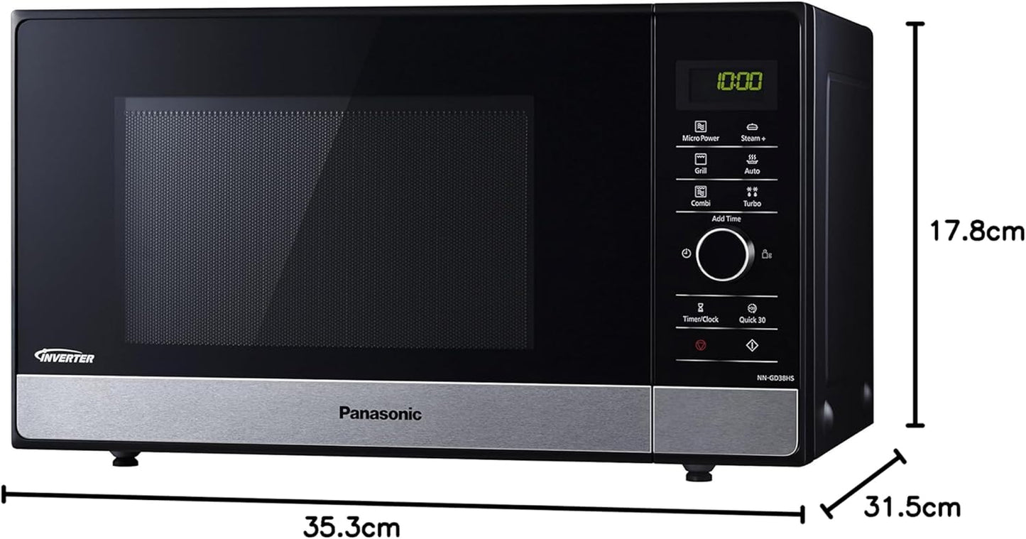 NN-GD38HSSUG Four Micro-Ondes Inverter Et Grill Avec Plateau Tournant, 23 Litres, Acier Inoxydable, 1000 W, Grill 1000 W, 17 Programmes Automatiques, Grille Métallique, Noir