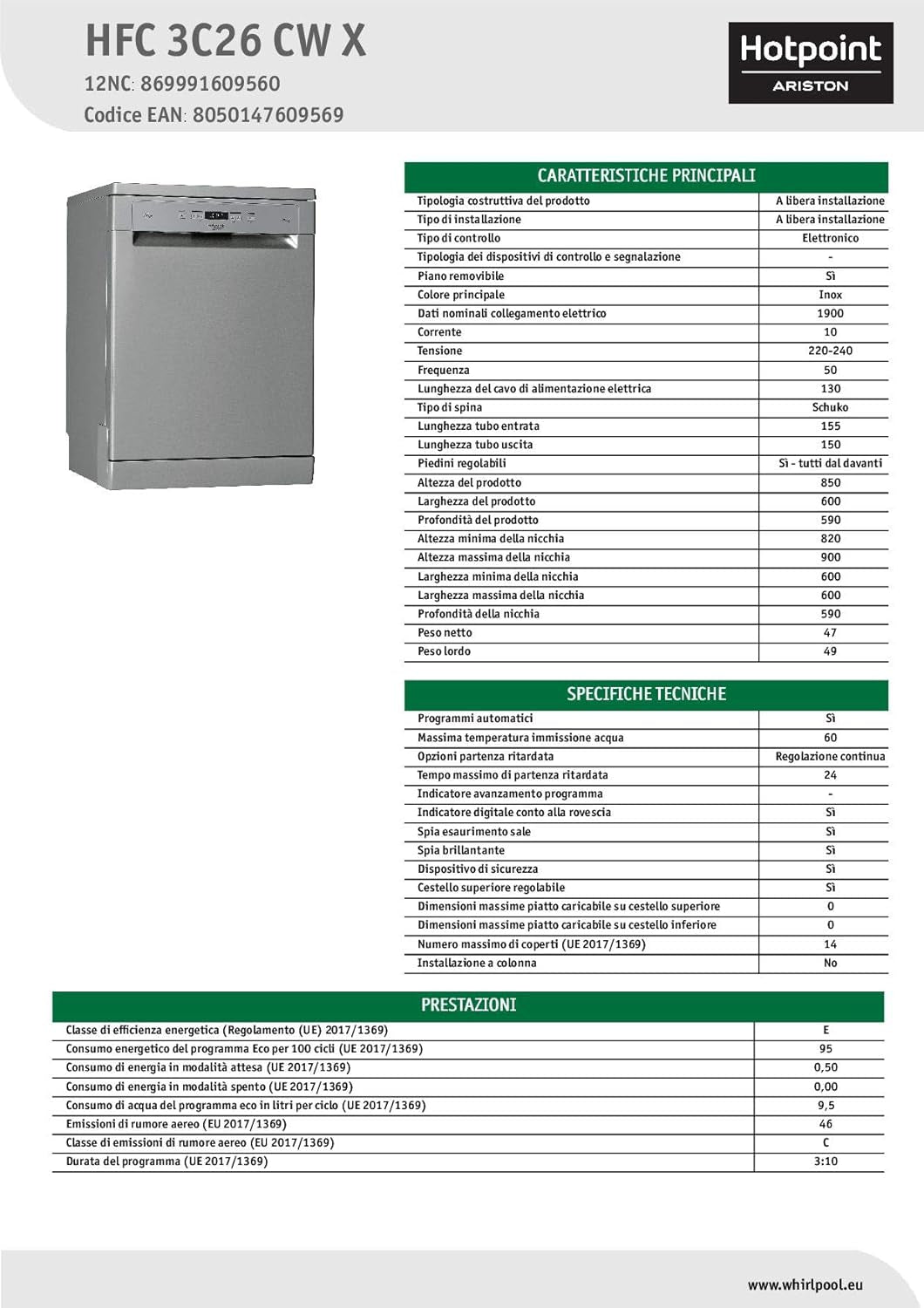 Hotpoint HFC 3C26 CW X, Lave-Vaisselle Vertical, 14 Places, Troisième Panier, Inox