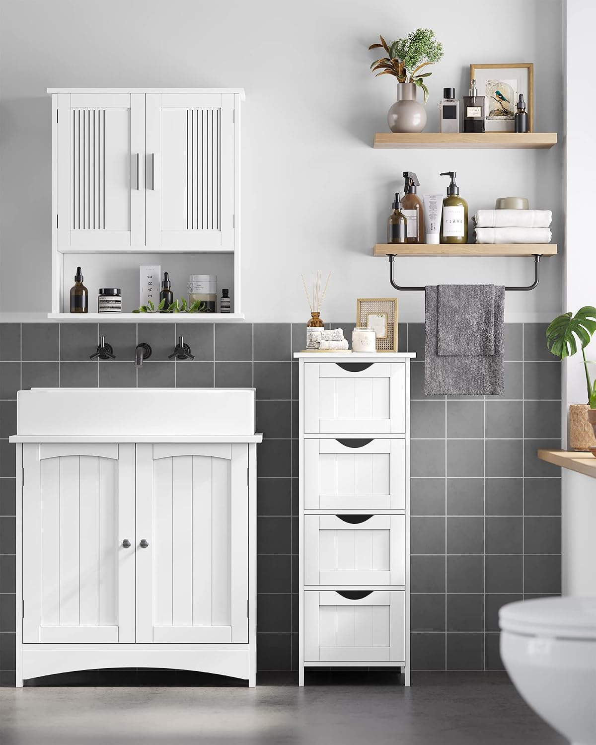 Meuble De Salle De Bain, Armoire Sur Pied, Avec 4 Tiroirs, 30 X 30 X 82 Cm, Pour Salon, Salle À Manger, Cuisine, Style Moderne, Blanc LHC40W