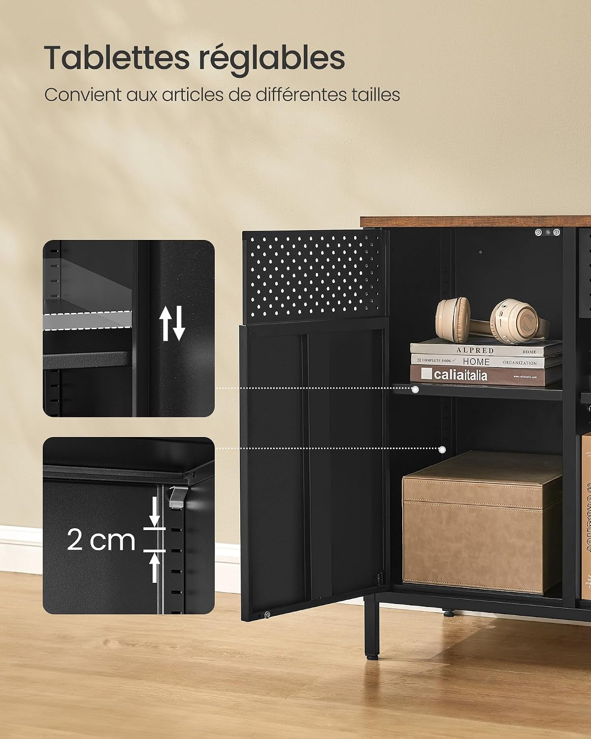 Meuble De Rangement, Buffet, Meuble En Métal, Placard À Double Portes, Fermeture Magnétique, Étagères Réglables, Cadre En Acier, Marron Rustique Et Noir Mat LSC204B01