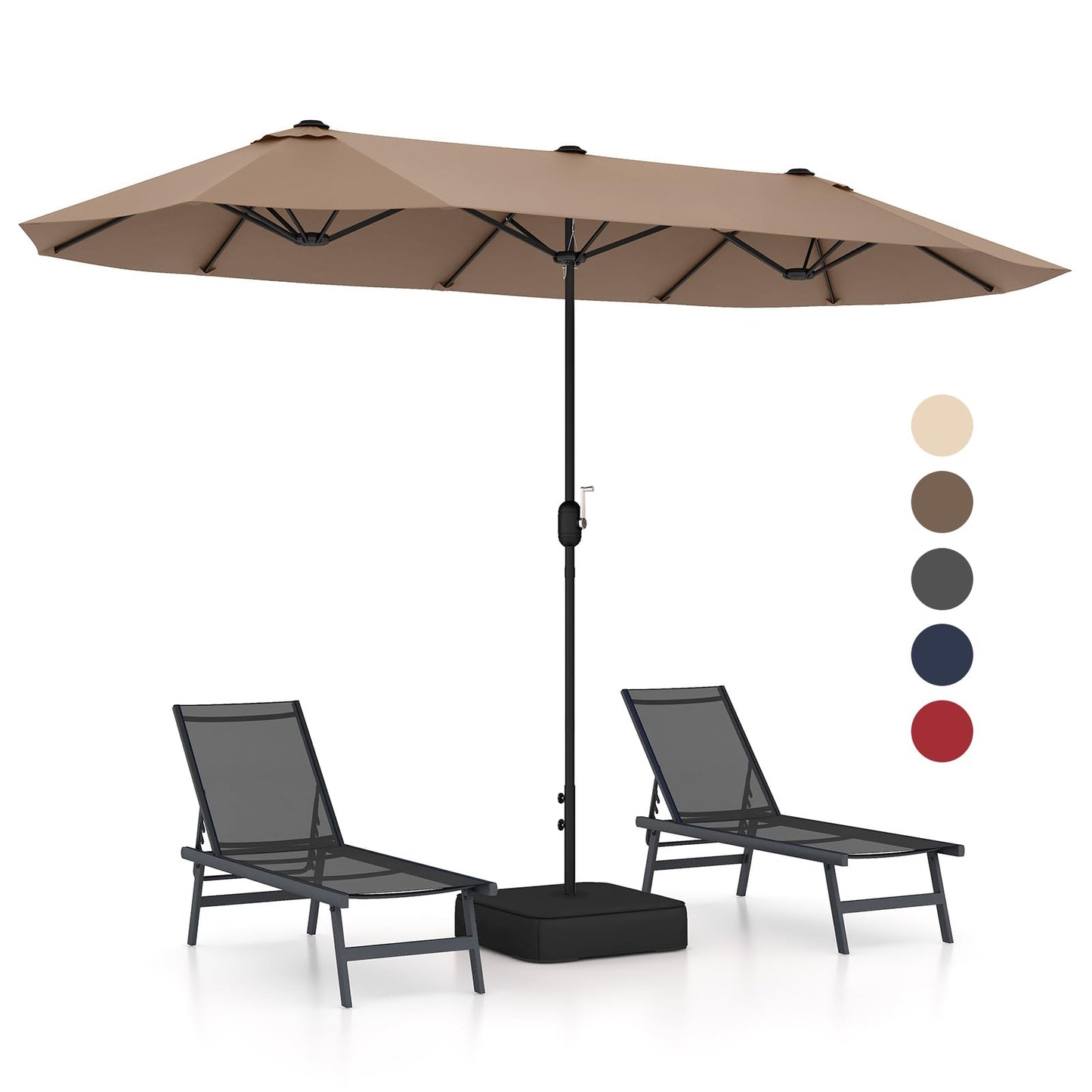 GOPLUS Parasol de Jardin Exterieur avec Pied, 4M Parasol Double Face avec LED, Manivelle et Ventilation, Grand Parasol Extérieur pour 6 Personnes pour Marché, Piscine, Terrasse, Balcon (Café)