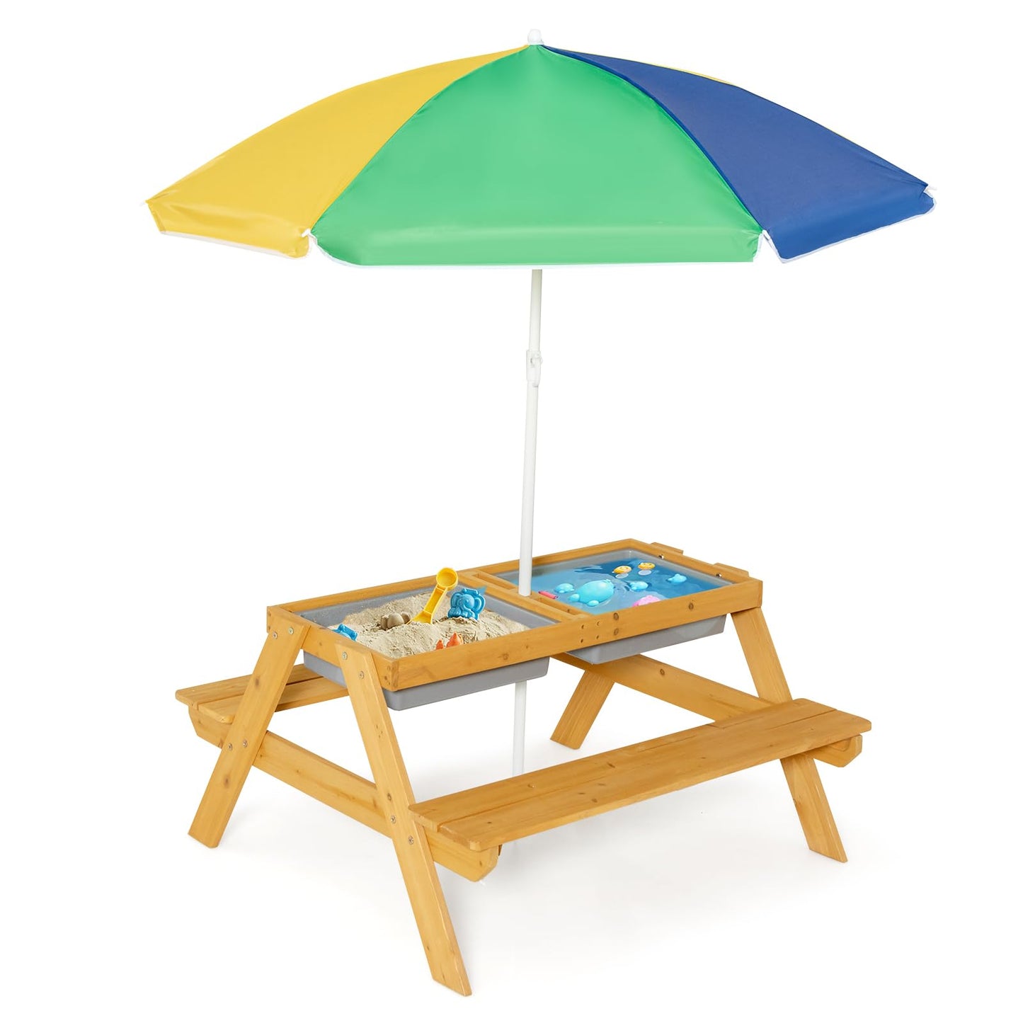 GOPLUS Table Enfant avec Banc et Parasol, 3 en 1 Banc Convertible avec Plateau Amovible et 2 Boîtes de Rangement, Table d’Activité en Bois pour Extérieur, Jardin (Vert+Blanc)