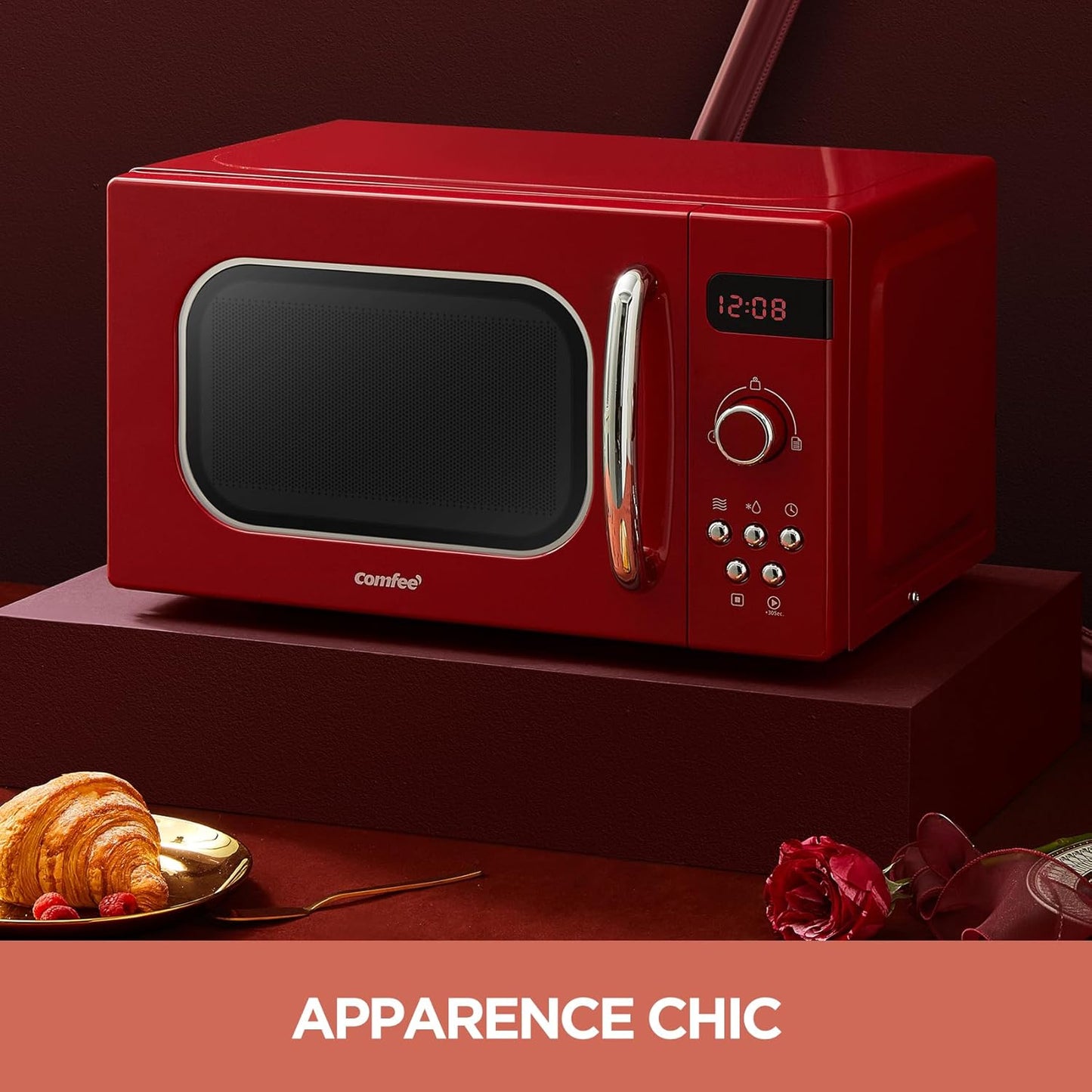 ' Micro-Ondes Rétro CMSRO 20Di Rd Avec 8 Renus Rutomatiques, 5 Niveaux De Puissance De Cuisson, Bouton De Cuisson Express, 20 L, 800 W, Rouge Passion