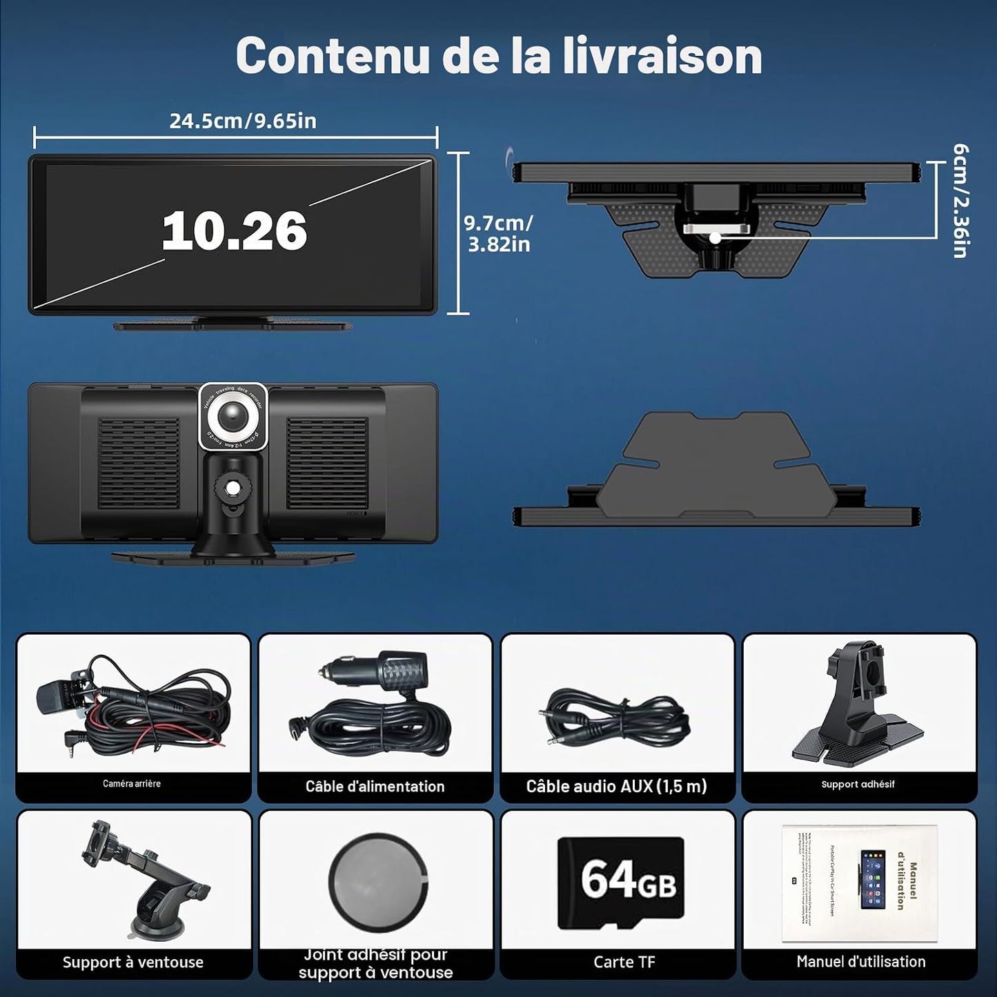 10.26" Écran Carplay Sans Fil Pour Apple Carplay & Android Auto, Écran Tactile HD Portable Car Play Voiture Avec 4K Dashcam / Caméra De Recul 1080P Avec Mirror Link, BT, Assistant Vocal, GPS, FM