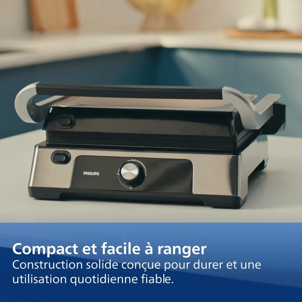 Grill Électrique 5000, Température Réglable, 2200W, Métal | Grill De Table, Ouverture 180°, Grande Surface De Cuisson, Plaques Antiadhésives Amovibles, Facile À Nettoyer (HD6301/90)