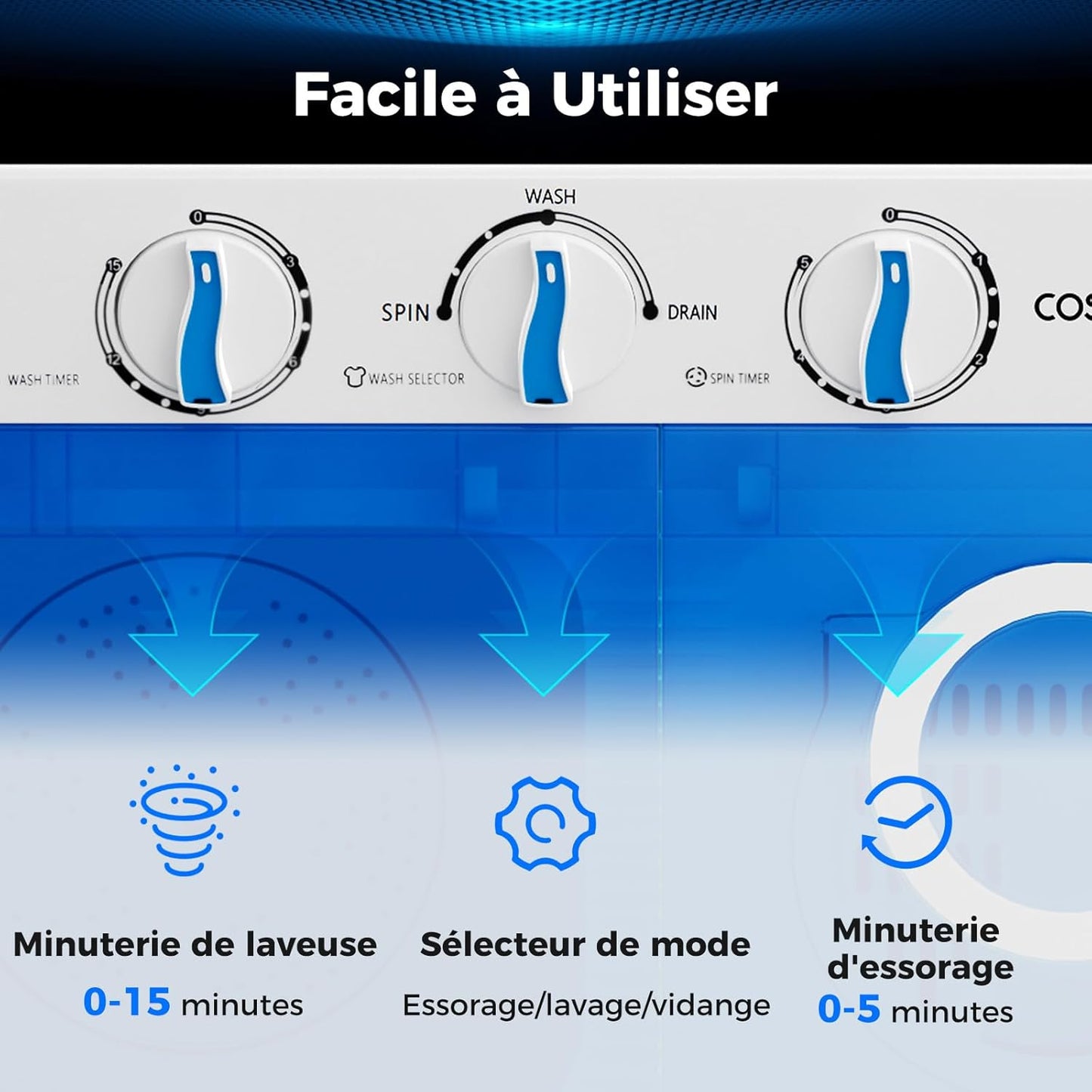 Machine À Laver Portable, Capacité De 8 Kg(5Kg Lavage & 3Kg Essoreuse), Machine À Laver À Double Cuve Avec Pompe De Vidange, Mini Machine À Laver Pour Appartements, VR Et Dorto (Bleu)