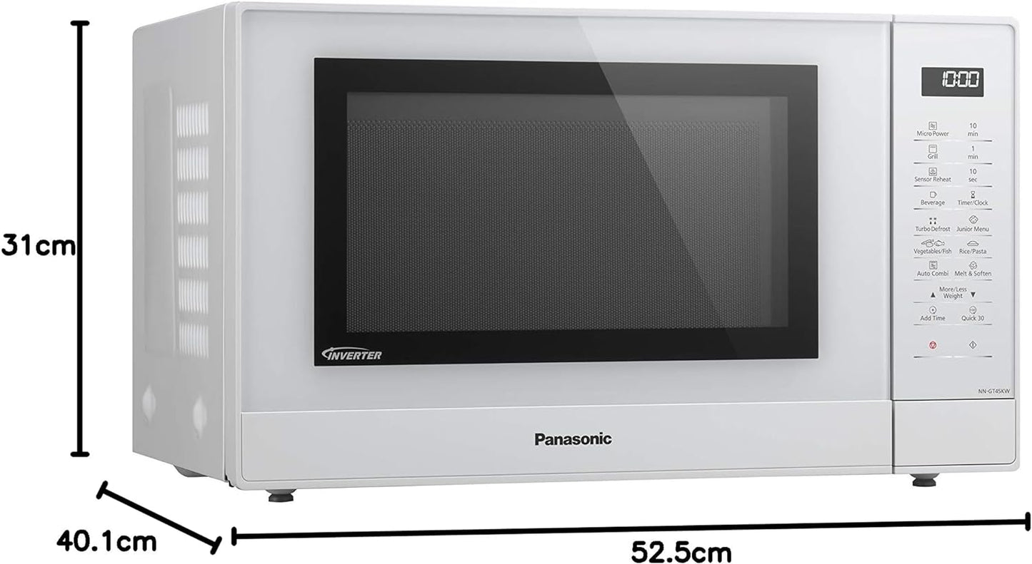 NN-GT45KWSUG Four Micro-Ondes Gril Et Plateau Tournant En Verre, 31L, 1000W, Technologie Inverter, 24 Programmes Auto, Décongélation, 7 Niveaux De Puissance, Minuterie, Affichage LED, Blanc