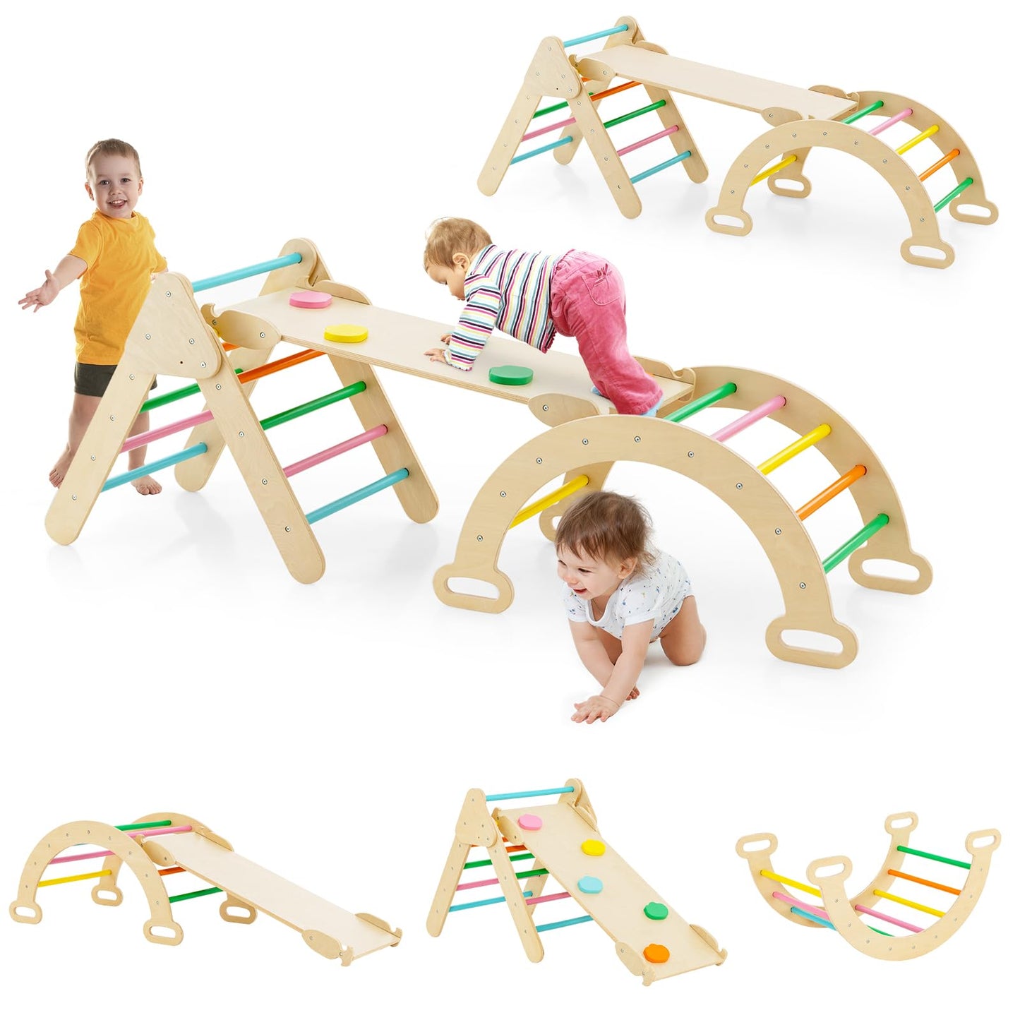GOPLUS 7 en 1 Triangle Arche Montessori, Arche d'escalade Enfants avec Toboggan Bois,Rampe, Échelle Réglable, Charge 50KG, pour Tout-Petits Bébé 1 Ans+(Gris)