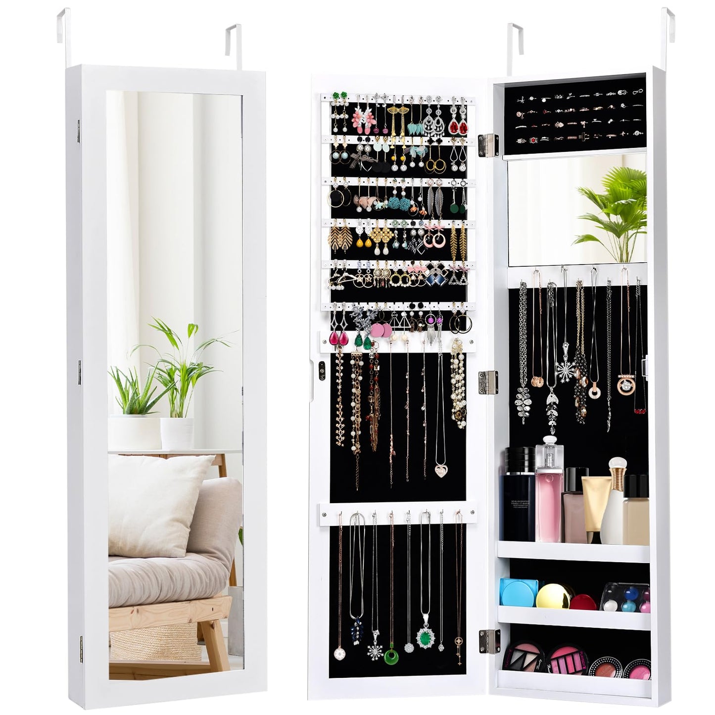 GOPLUS Armoire à Bijoux avec Miroir, Meuble à Bijoux Mural/Suspendu, avec Grand Espace de Rangement, Miroir Pleine Longueur, Miroir de Maquillage Intégré, Montage Mural/Accrocher à la Porte (Noir)