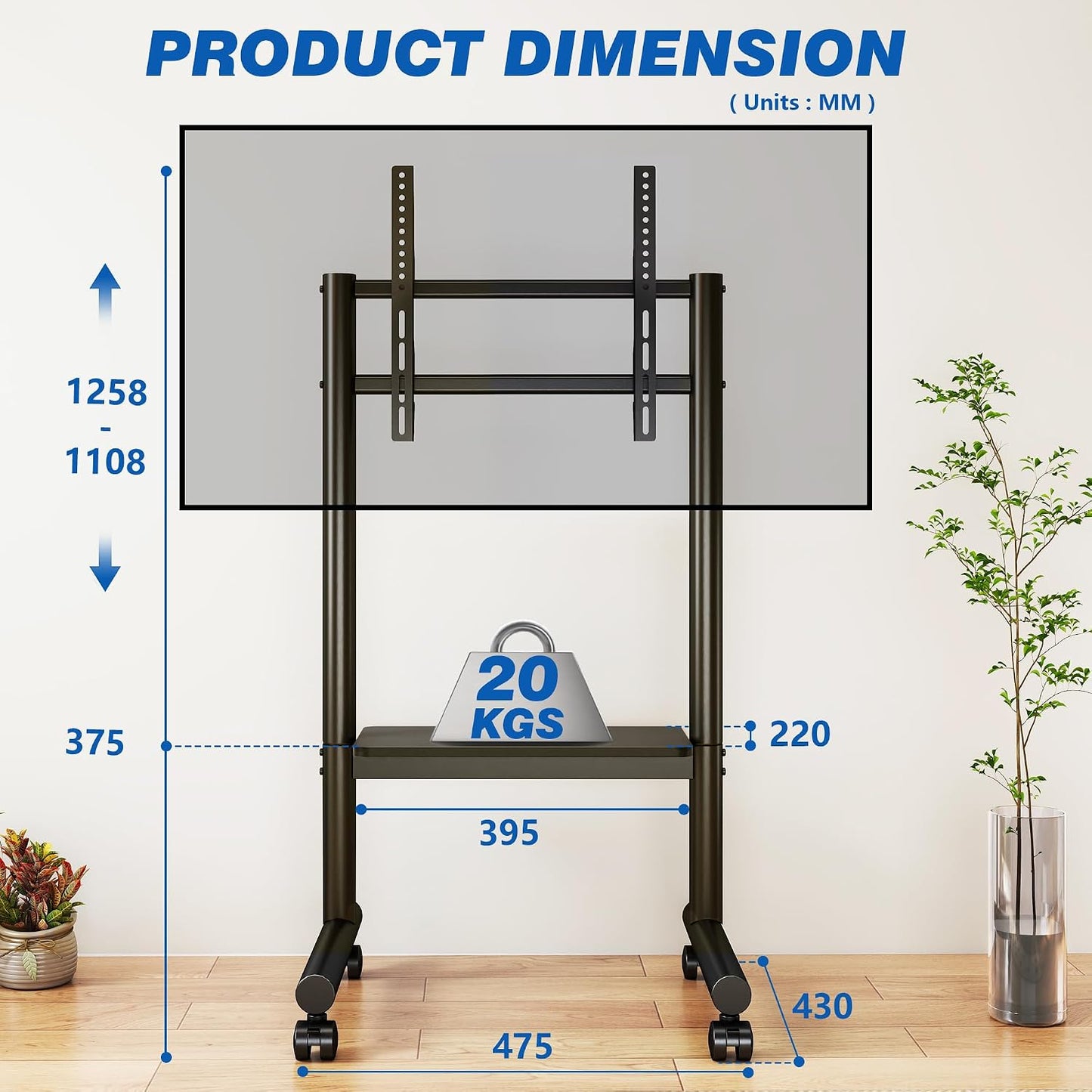 Support TV Roulettes Support TV Sur Pied Avec Roulettes Pour Téléviseurs 32 À 70 Pouces LCD/LED/OLED, Support Tele Mobile Universel Réglable En Hauteur Jusqu'À 50 Kg, Max. VESA 400X400 Mm
