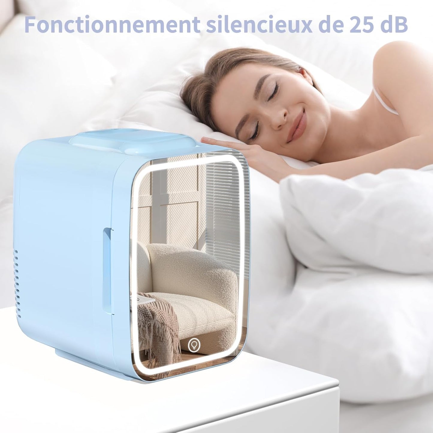 Mini Frigo Pour Chambre, Frigo Skincare Avec Miroir LED, Petit Frigo De 4L Portable, Thermoelectrique Chauffe & Refroidisseur 220V AC / 12V DC Pour Voiture, Bureau, Dortoir (Bleu)