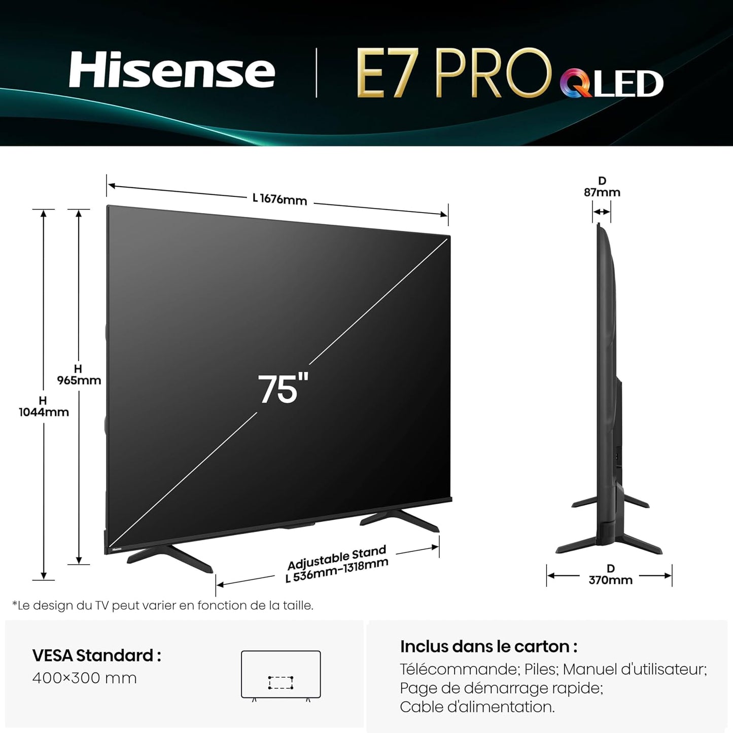 Hisense 75E7Q Pro Smart TV QLED 75" (189 Cm) 4K UHD 144Hz | Dolby Vision IQ & Atmos | Mode Jeu Pro | AMD Freesync Premium