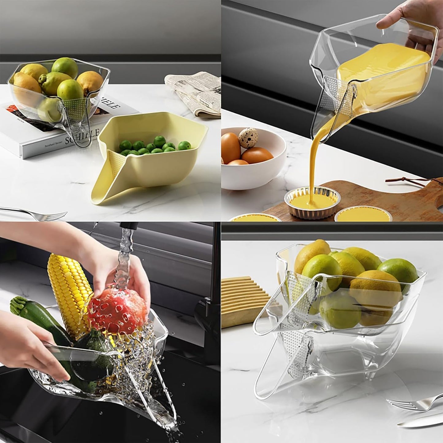 Panier De Vidange Multifonction, Passoires Avec Bec, Bol De Nettoyage De Fruits Avec Récipient Filtrant, Égouttoir Pour Aliments, Fruits (Jaune + Transparent, 2 Pièce)
