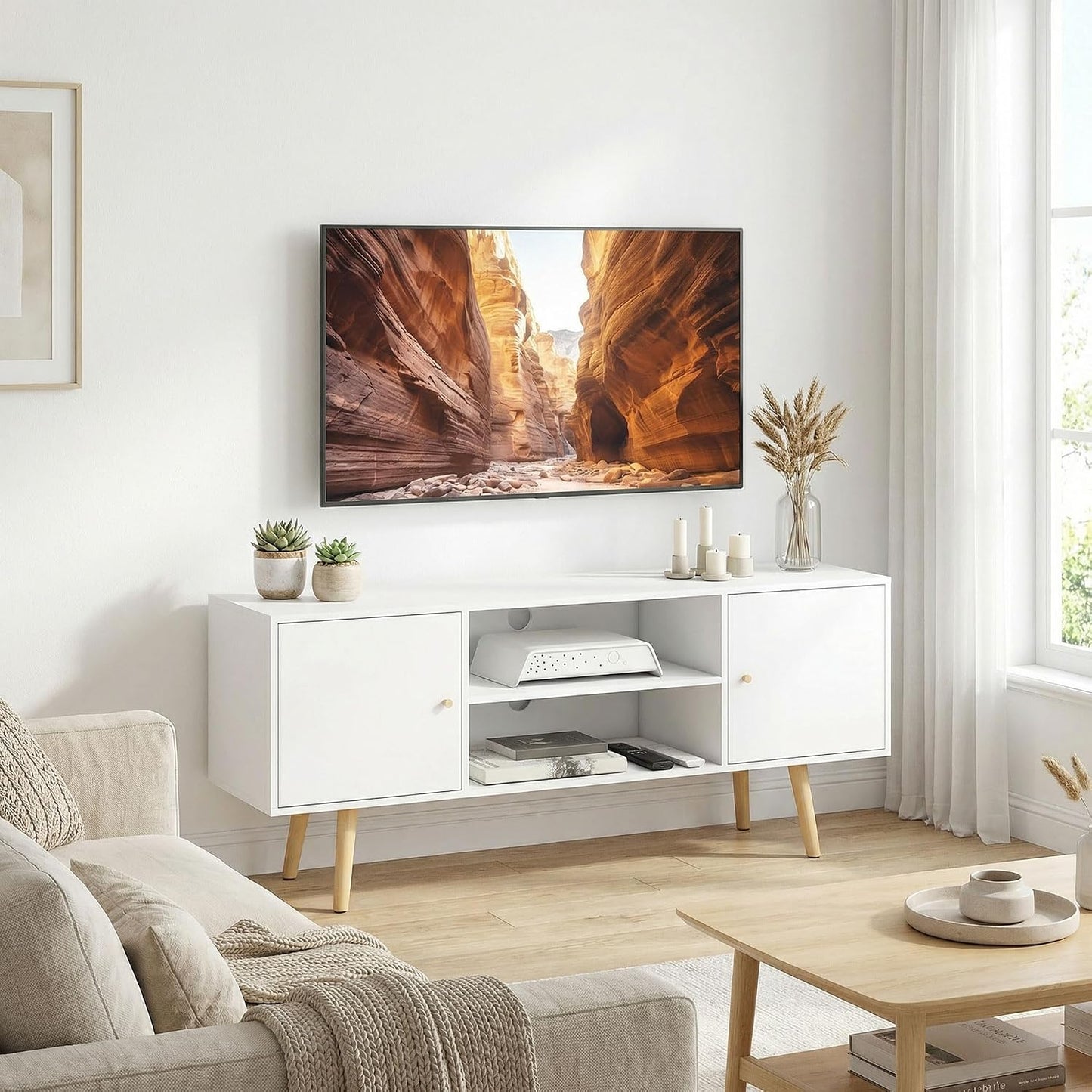 Meuble TV 120 Cm Pour Téléviseur Jusqu'À 55 Pouces Blanc | Meuble Télé, 2 Placards, 2 Étagères Ouvertes, Banc TV Moderne, Salon, Chambre À Coucher