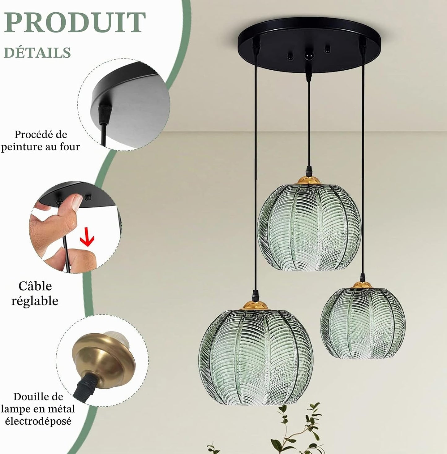 Suspension Luminaire Verre, Lustre Salon Moderne, Abat-Jour En Verre Réglable En Hauteur,Cordon 150 Cm, Pour Chambre,Cuisine,Salle À Manger E27 Ampoule