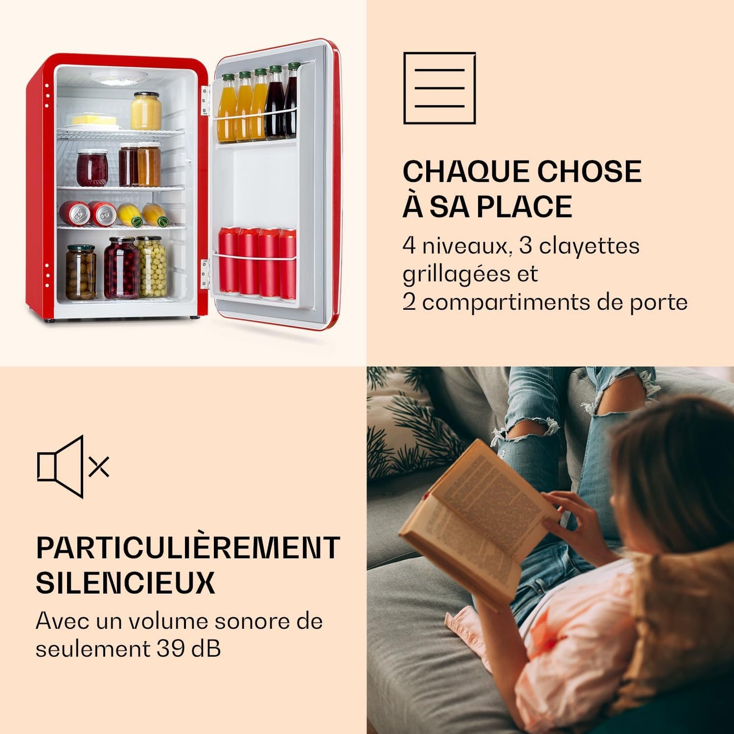 Audrey Mini - Petit Réfrigérateur, Mini-Bar Compact, Autonome, Réfrigération Par Compression, Capacité, Réfrigération : 0-10 °C, Mini-Réfrigérateur D'Une Capacité De 70 Litres, Rouge