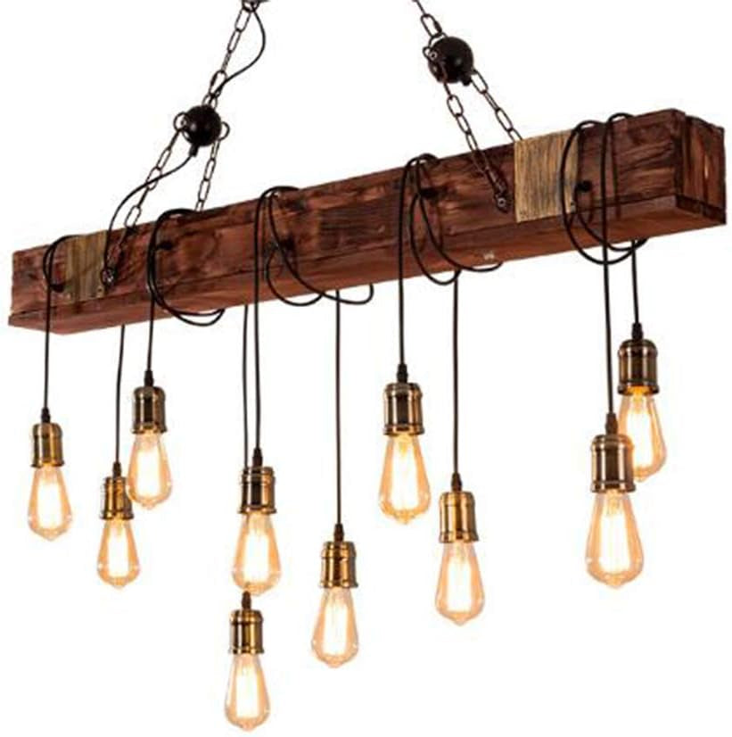 Lustre Industriel Suspension En Bois Élingue En Métal Rustique Poutre En Bois Marron Grand Îlot Linéaire Lampes Suspendues À La Main Ferme Luminaire Salon Chambre Cuisine Couloir Éclairage De Cuisine