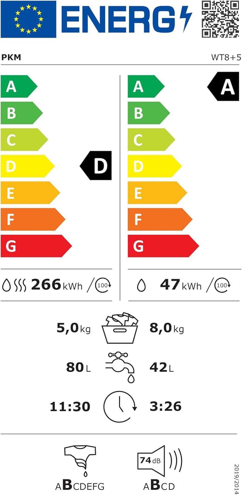 PKM WT8+5 8Kg /5 Kg Stand Waschtrockner, 60 Cm Breit, 1400U/Min, Eco-Funktion, Display LED, Kindersicherung, Startzeitvorwahl, Weiß