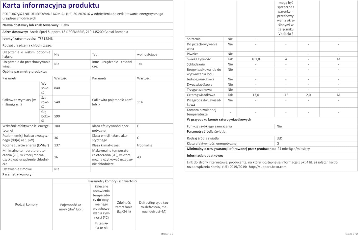 Beko TSE1284N Réfrigérateur Table Top - Volume Total 114L : 101L (Réfrigération) + 13L (Congélation), Compartiment Congélation 4 Étoiles, Minfrost, Charnière De Porte Réversible, Blanc