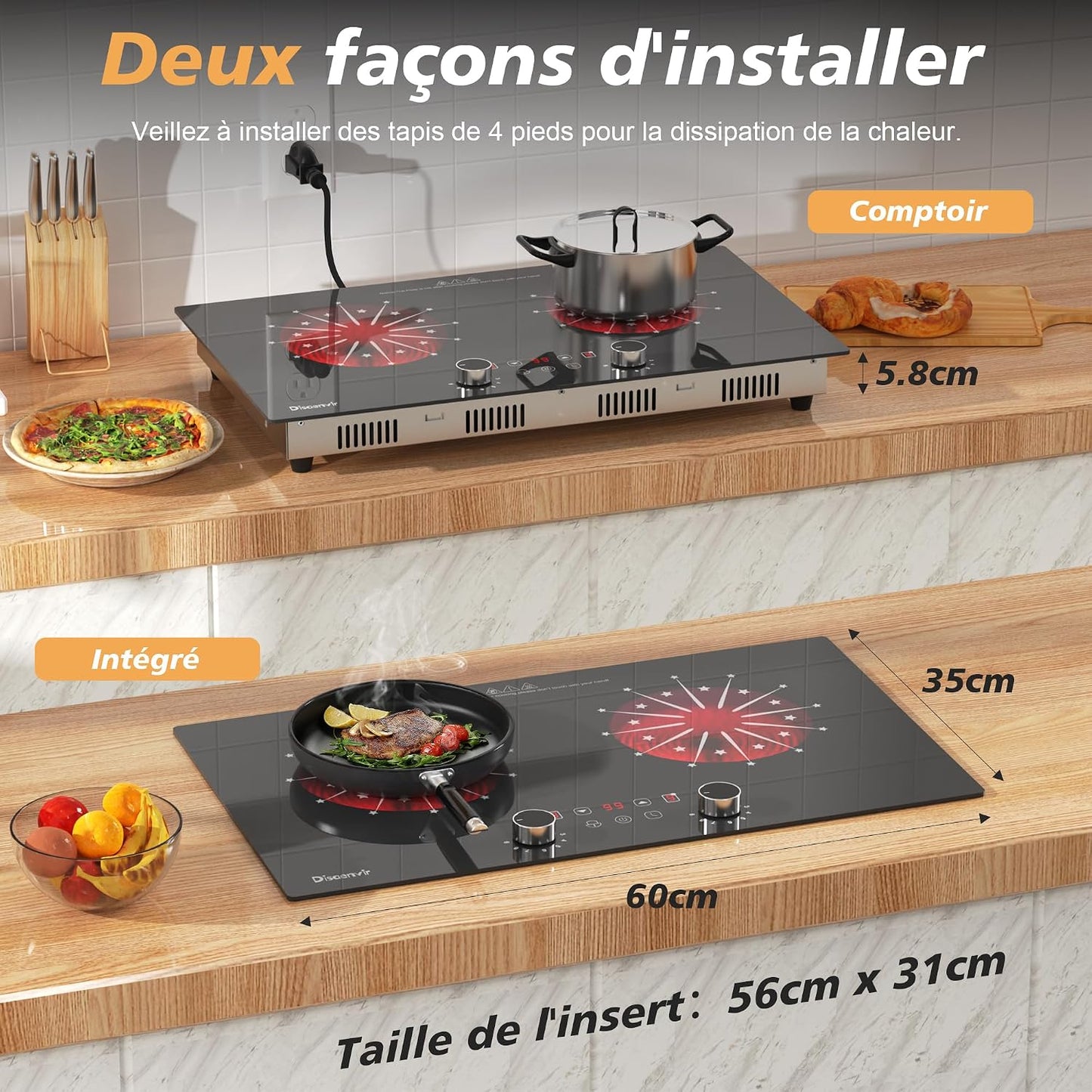 Plaque Vitrocéramique Portable 2 Feux Avec Prise | Plaque De Cuisson Electrique Deux Feux, Minuterie De 4 Heures, Commande Par Bouton, Sécurité Enfant, 3200W, 220V