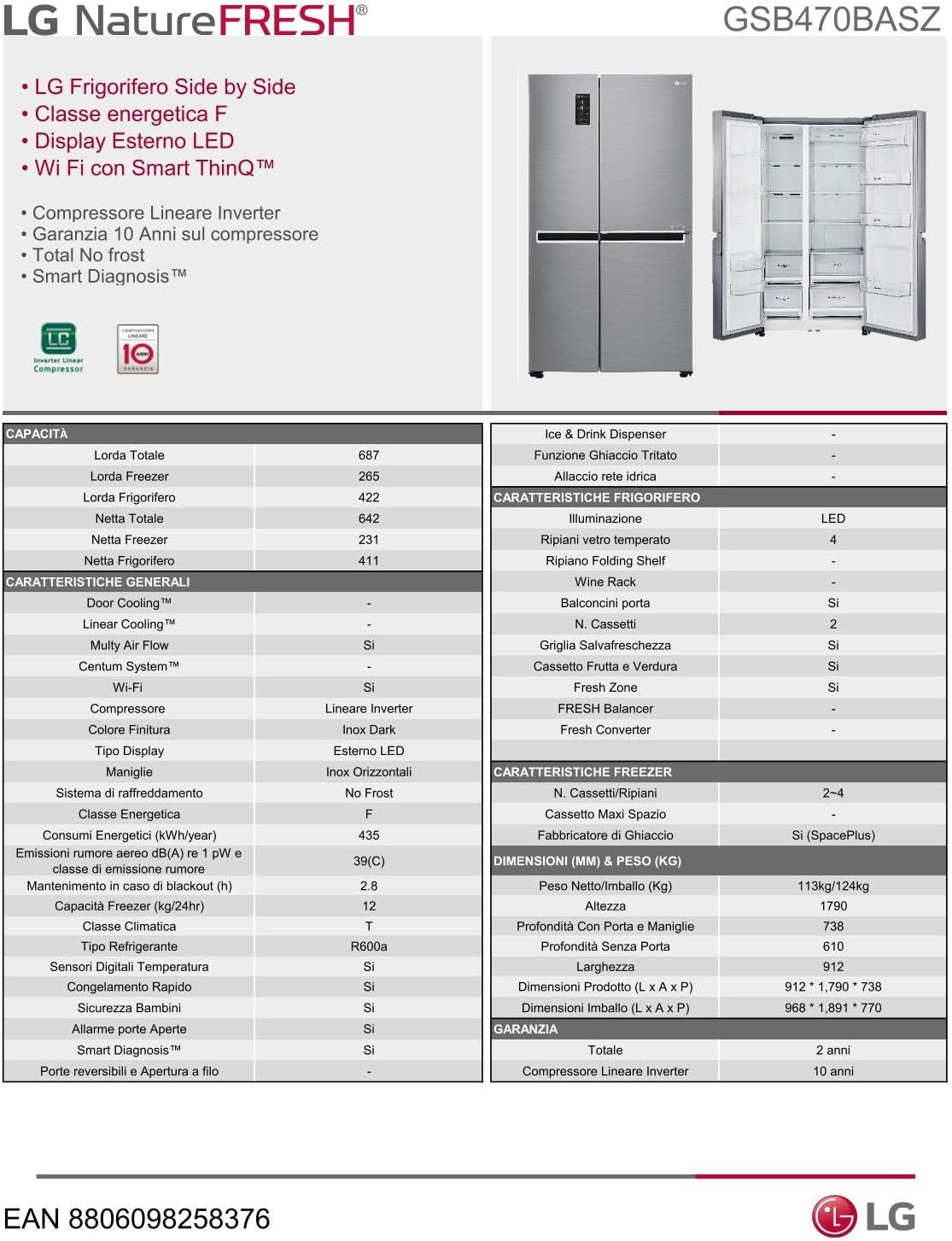 GSB470BASZ Réfrigérateur Américain Side by Side Total No Frost Avec Congélateur, 642 L, Smart Diagnostic - Réfrigérateur Intelligent Avec Wi-Fi Et Écran LED Extérieur