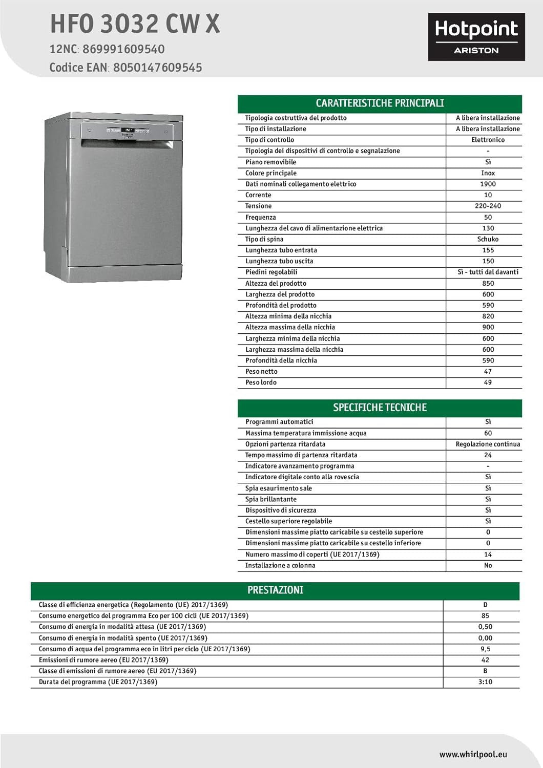 Hotpoint HFO 3O32 CW X Lave-Vaisselle 60Cm À Libre Installation, D Inox