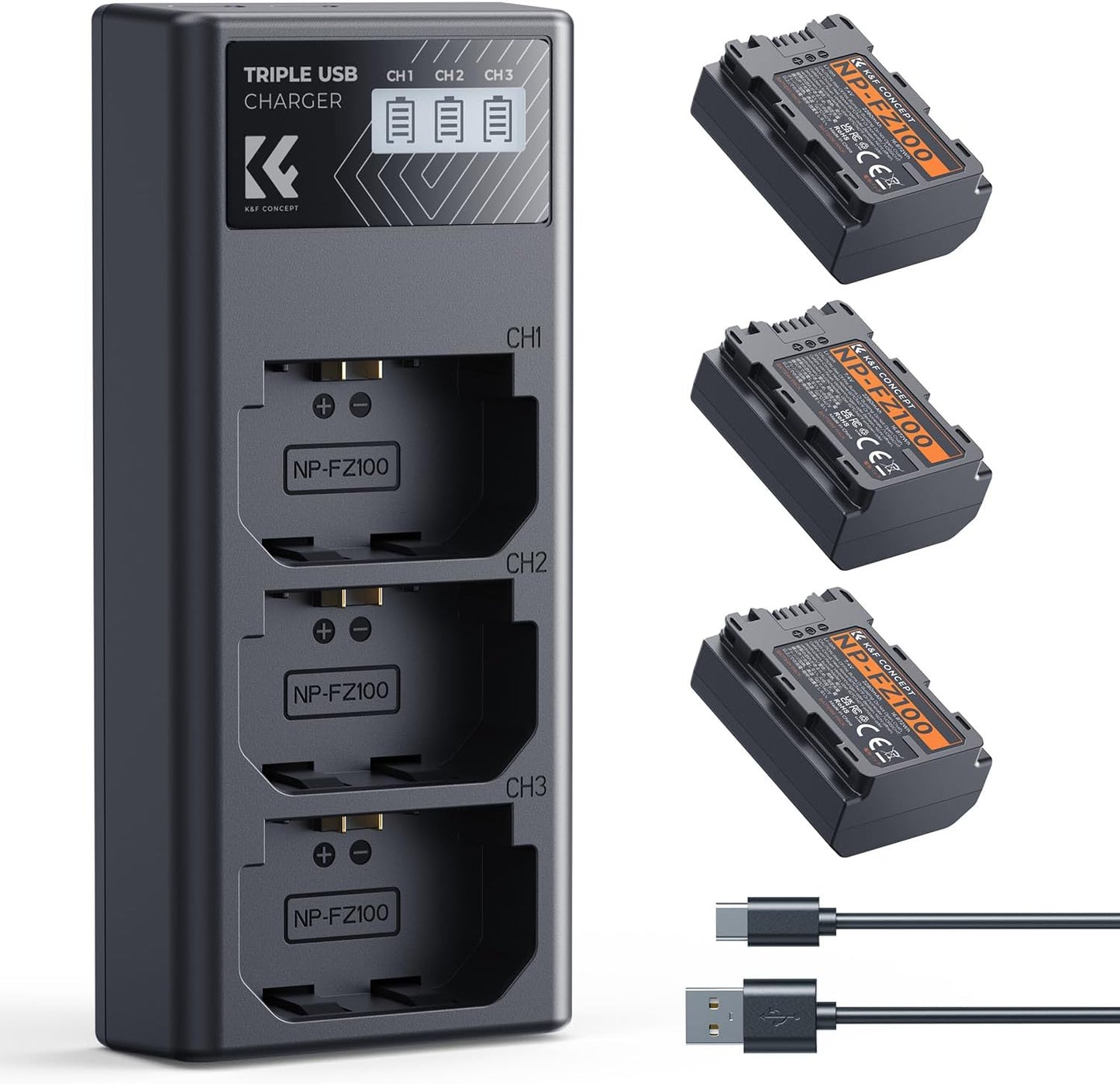 NP-FZ100 Batterie Et Chargeur À Trois Slot 3X 2280Mah Batterie | Batterie Pour Sony A6700, A7Iii, ZV-E1, A7Iv, A7C, FX3, FX30, A9, A6600, Zv-E10Ii, Alpha 9, A9S, A7R III, A7R IV, A7RV
