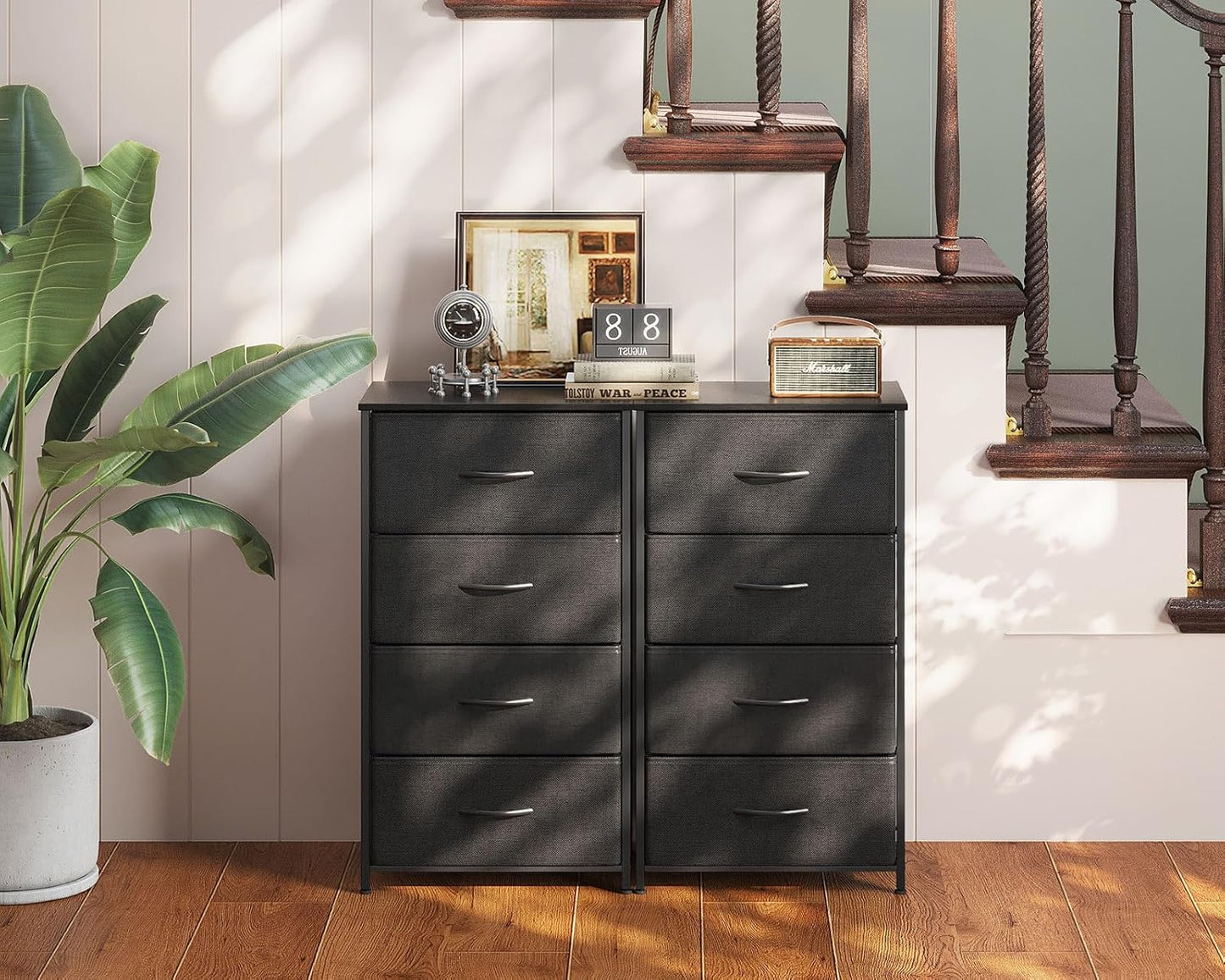 Noir Commode Chambre Adulte, Avec 4 Tissu Tiroirs | Petite Commode Adaptée Au Salon, Cadre En Acier Robuste, Plateau En Bois, 40 X 30 X 80Cm