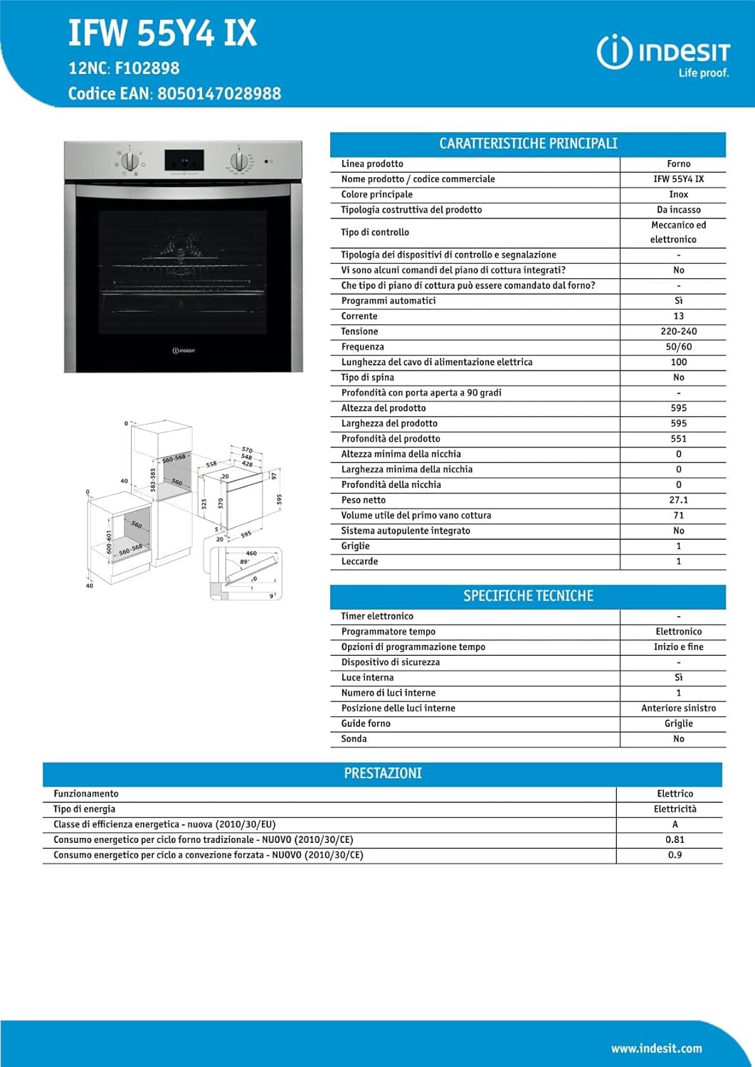 Indesit IFW 55Y4 IX Four Moyen Électrique En Acier Inoxydable, 71 L, Rotatif