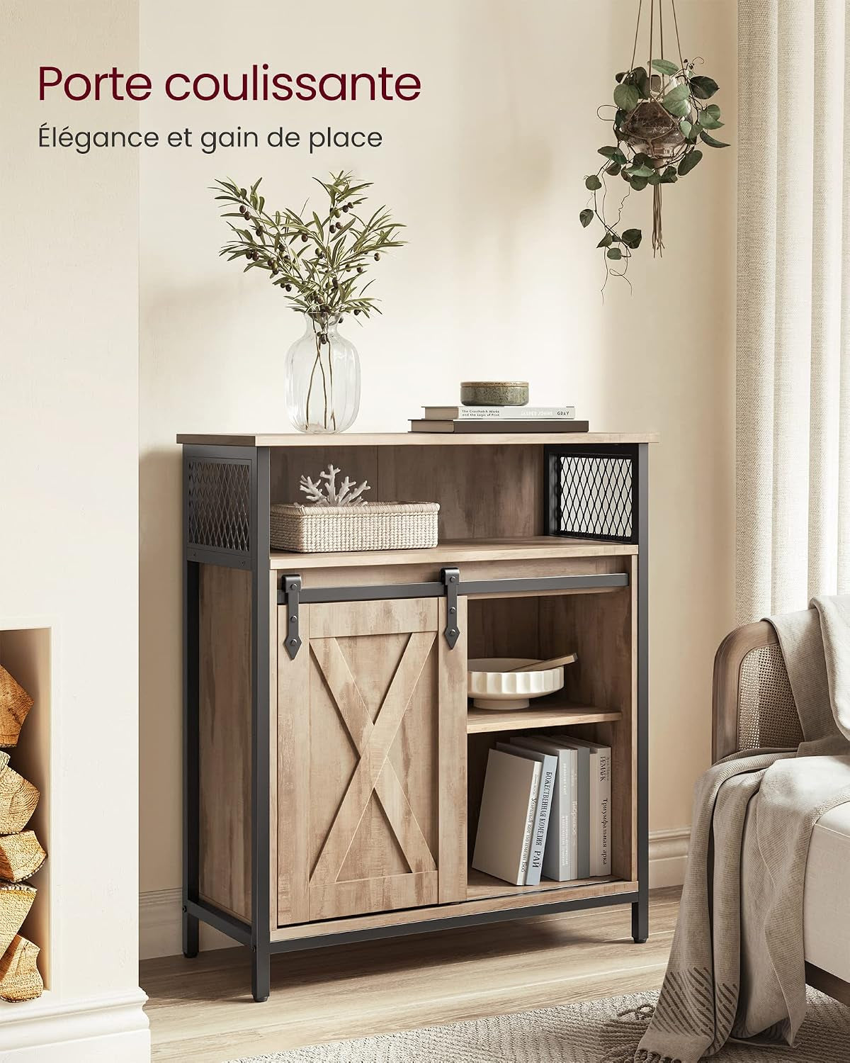 Meuble De Rangement, Buffet Cuisine, Commode, Avec Porte Coulissante, 30 X 70 X 80 Cm, Étagères Réglables, Pour Salon, Marron Camel Et Noir D'Encre LSC089B50V1 | DAXTON LSC089B50 Armoire De Cuisine, Étagère Réglable, Compartiment Ouvert, Style Industriel,