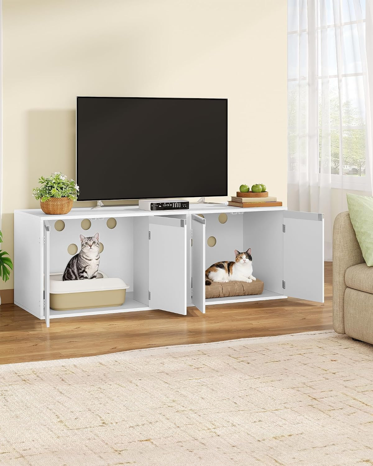 Meuble Litiere Pour 2 Chats, 100Cm Maison De Toilette Chat, Blanc | Maison Cachée Pour Chat Avec Chambres Doubles, 140 X 48 X 48 Cm, Pour Cacher Plupart Des Bacs À Litière Pour Chats, CB65603X