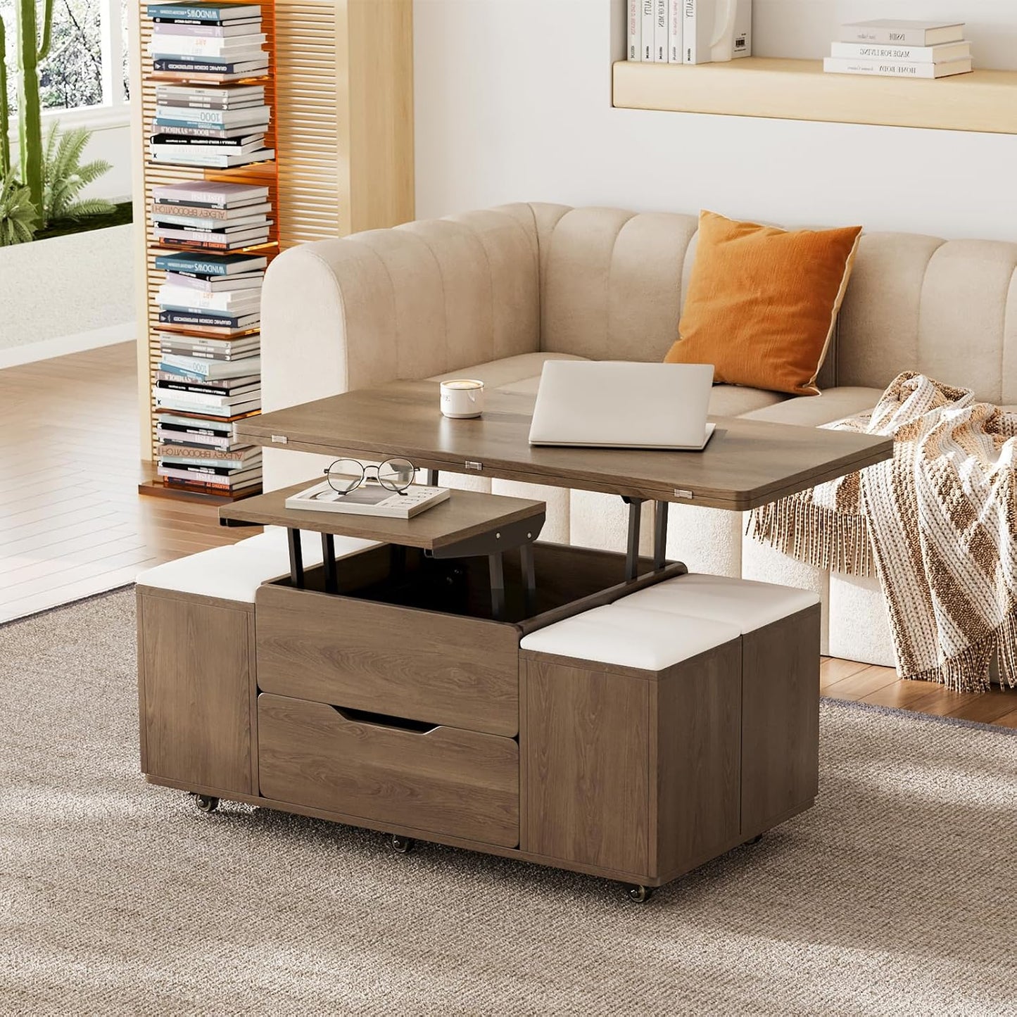 Table Basse Relevable En Bois Avec 4 Chaises Cachées Moelleuses, Tournante Hydraulique, Mode Bureau Salle À Manger, Rangement Intégré, Meuble Moderne Multi-Fonction Noir Noyer