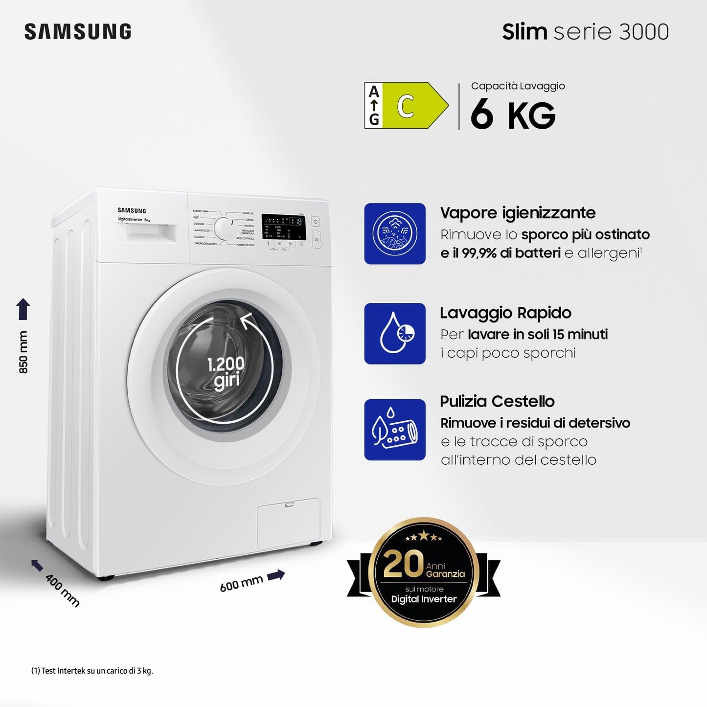 Machine À Laver WW60A3120WE/ET Slim, Autonome, 6 Kg, 1200 Tr/Min, Vapeur, Chargement Frontal, 85 X 59,5 X 40 Cm, Blanc